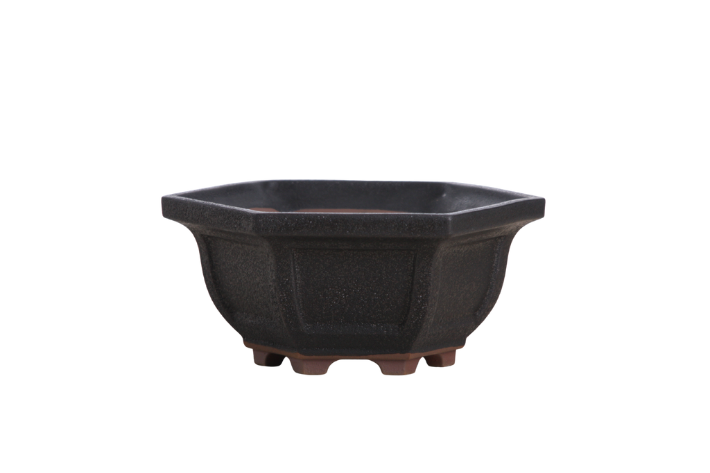 Willow Bonsai Ceramics Hexagonal Windowed Bonsai Pot 5 Inch – Semi‑Cascade Planter, High‑Fired Frost‑Proof Stoneware with Drainage & Wiring Holes, Handmade in USA (Matt Black)