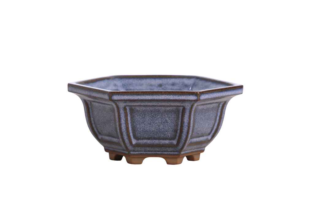 Willow Bonsai Ceramics Hexagonal Windowed Bonsai Pot 5 Inch – Semi‑Cascade Planter, High‑Fired Frost‑Proof Stoneware with Drainage & Wiring Holes, Handmade in USA (Denim)