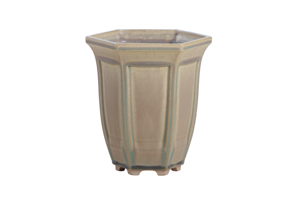 Willow Bonsai Ceramics Hexagonal Windowed Cascade Bonsai Pot 5 Inch – Tall Ceramic Cascade Planter, High‑Fired Frost‑Proof Stoneware with Drainage & Wiring Holes, Handmade in USA (Speckled Moss)
