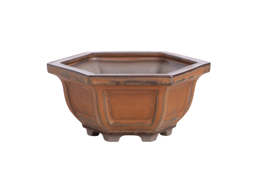 Hexagonal Windowed Semi‑Cascade Bonsai Pot 5 Inch – Ceramic Bonsai & Succulent Planter with Detailed Rim, High‑Fired Frost‑Proof Stoneware, Handmade in USA (Deep Stone)