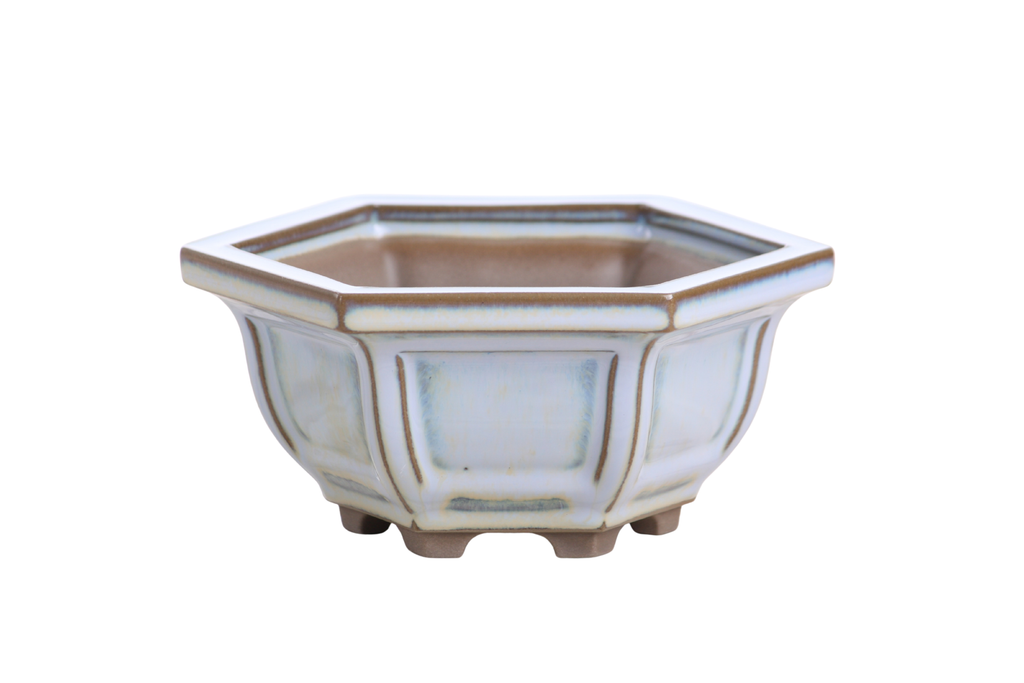 Hexagonal Windowed Semi‑Cascade Bonsai Pot 5 Inch – Ceramic Bonsai & Succulent Planter with Detailed Rim, High‑Fired Frost‑Proof Stoneware, Handmade in USA (Glacier)