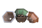 Hexagonal Windowed Semi‑Cascade Bonsai Pot 5 Inch – Ceramic Bonsai & Succulent Planter with Detailed Rim, High‑Fired Frost‑Proof Stoneware, Handmade in USA (Glacier)