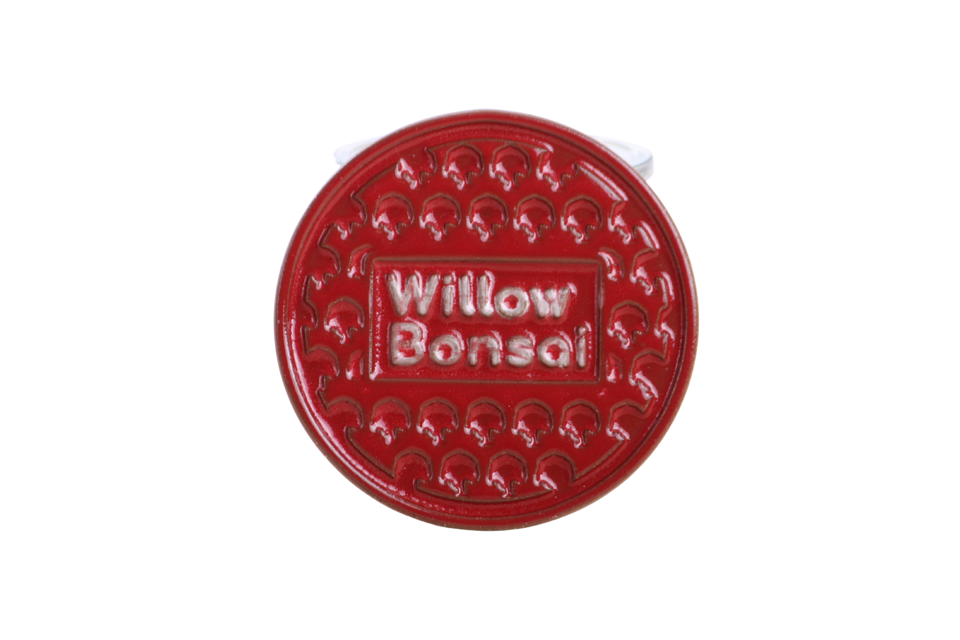 Willow Bonsai Ceramic Coaster – 4 Inch Handmade Stoneware Drink Coaster with Indented Moat Design, Willow Logo Detail, Cork Backing Pads, Made in Colorado, USA (Red)