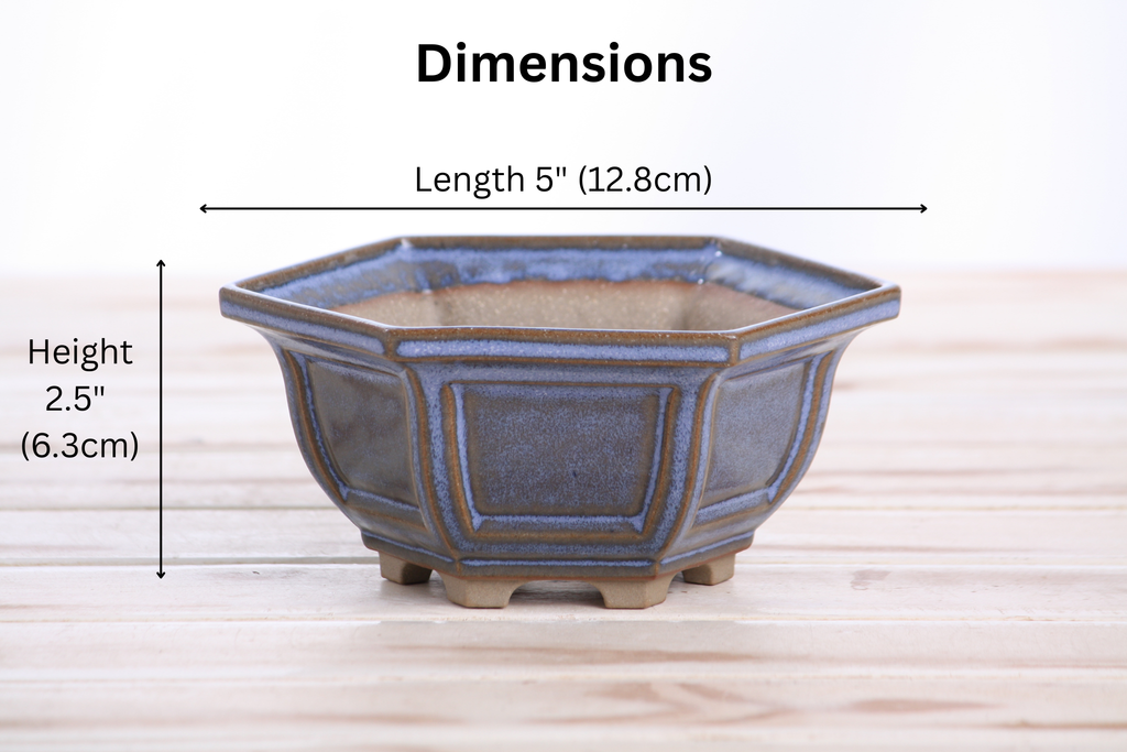 Willow Bonsai Ceramics Hexagonal Windowed Bonsai Pot 5 Inch – Semi‑Cascade Planter, High‑Fired Frost‑Proof Stoneware with Drainage & Wiring Holes, Handmade in USA (Denim)