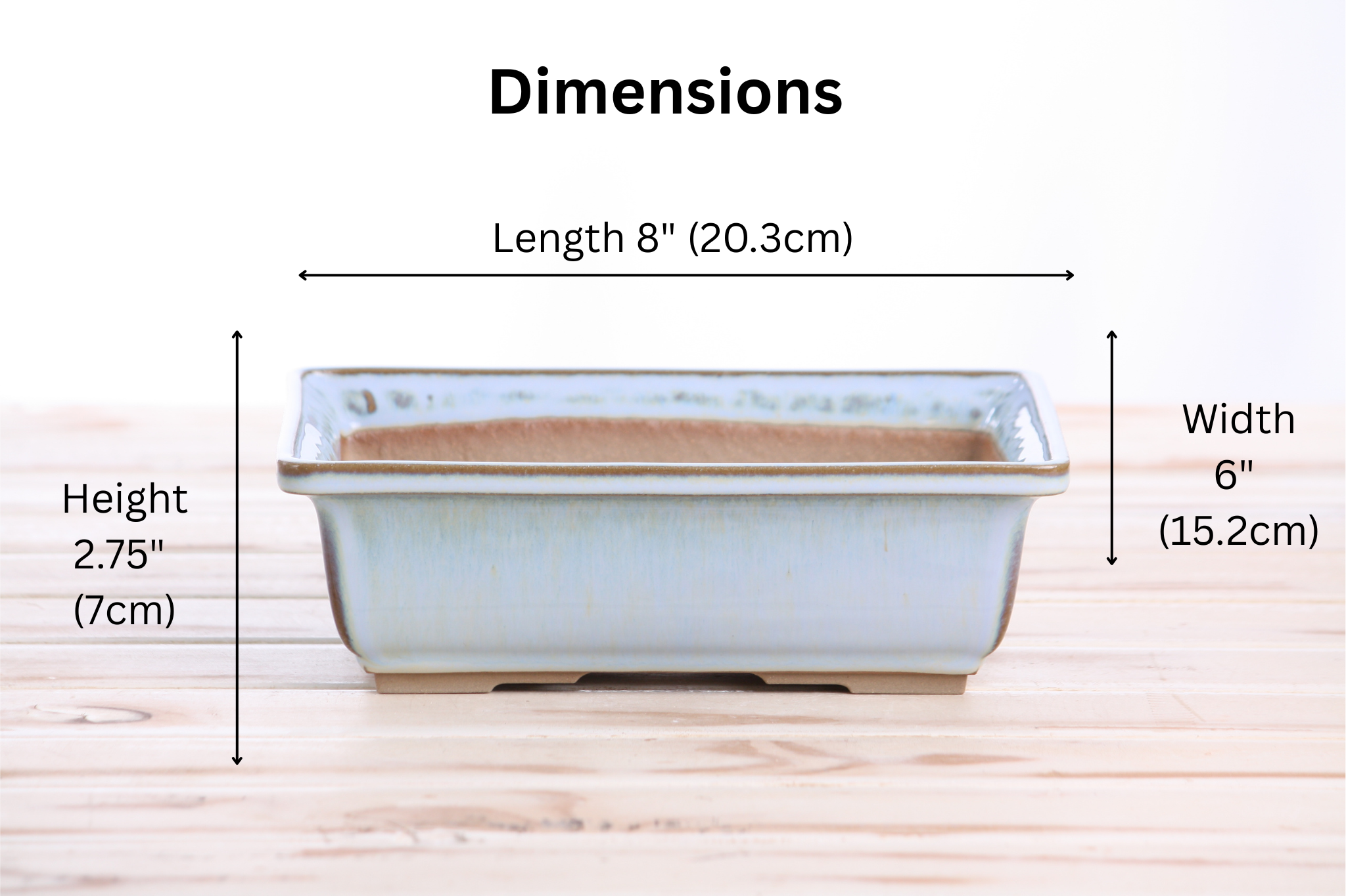 Willow Bonsai Ceramics Rectangle Bonsai Pot 8 Inch – Lower‑Profile Rectangular Ceramic Bonsai & Succulent Planter with Accentuated Rim, High‑Fired Frost‑Proof Stoneware, Handmade in USA (Glacier)