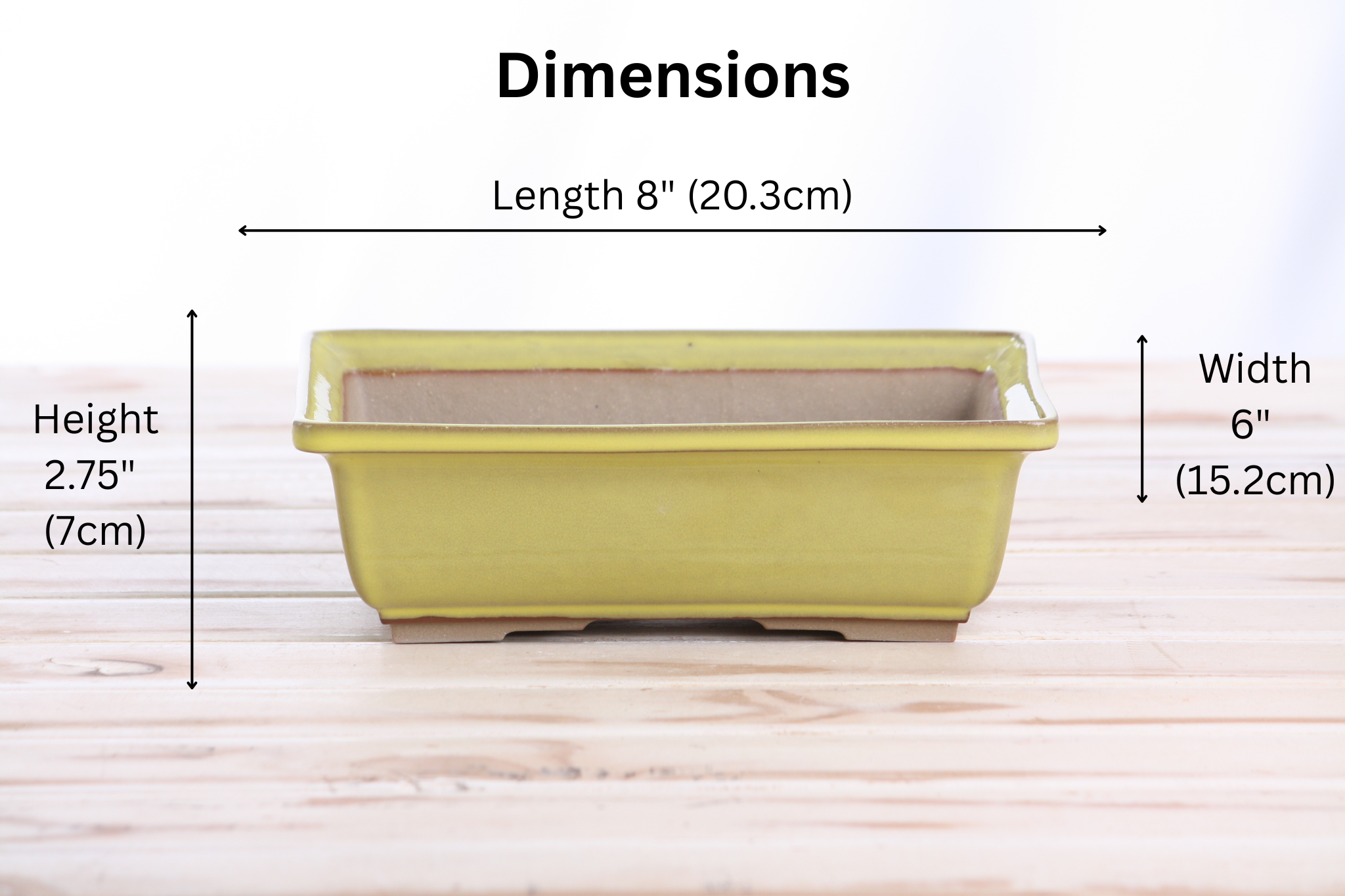 Willow Bonsai Ceramics Rectangle Bonsai Pot 8 Inch – Lower‑Profile Rectangular Ceramic Bonsai & Succulent Planter with Accentuated Rim, High‑Fired Frost‑Proof Stoneware, Handmade in USA (Yellow)