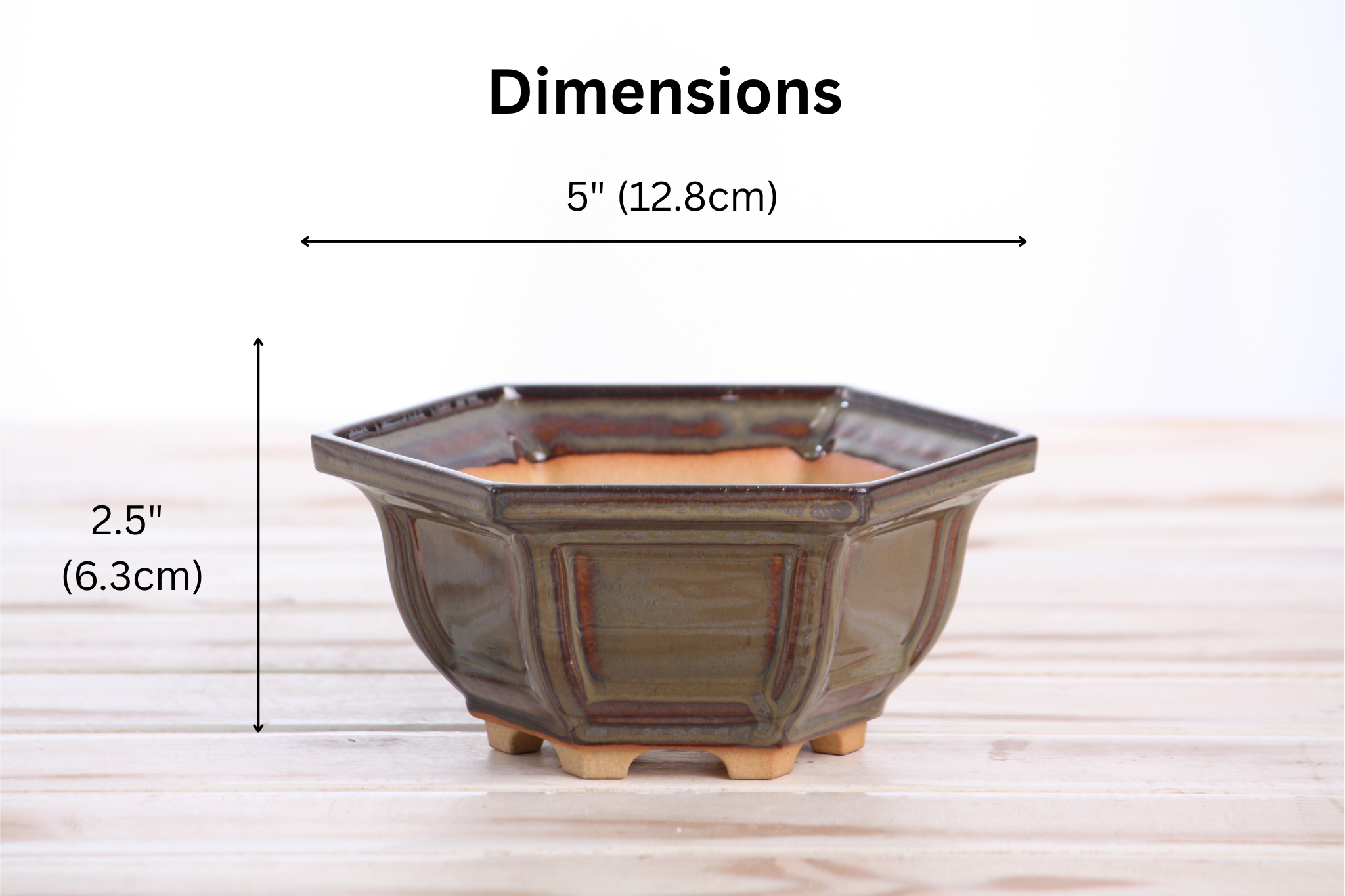 Willow Bonsai Ceramics Hexagonal Windowed Bonsai Pot 5 Inch – Semi‑Cascade Planter, High‑Fired Frost‑Proof Stoneware with Drainage & Wiring Holes, Handmade in USA (Dark Honey)