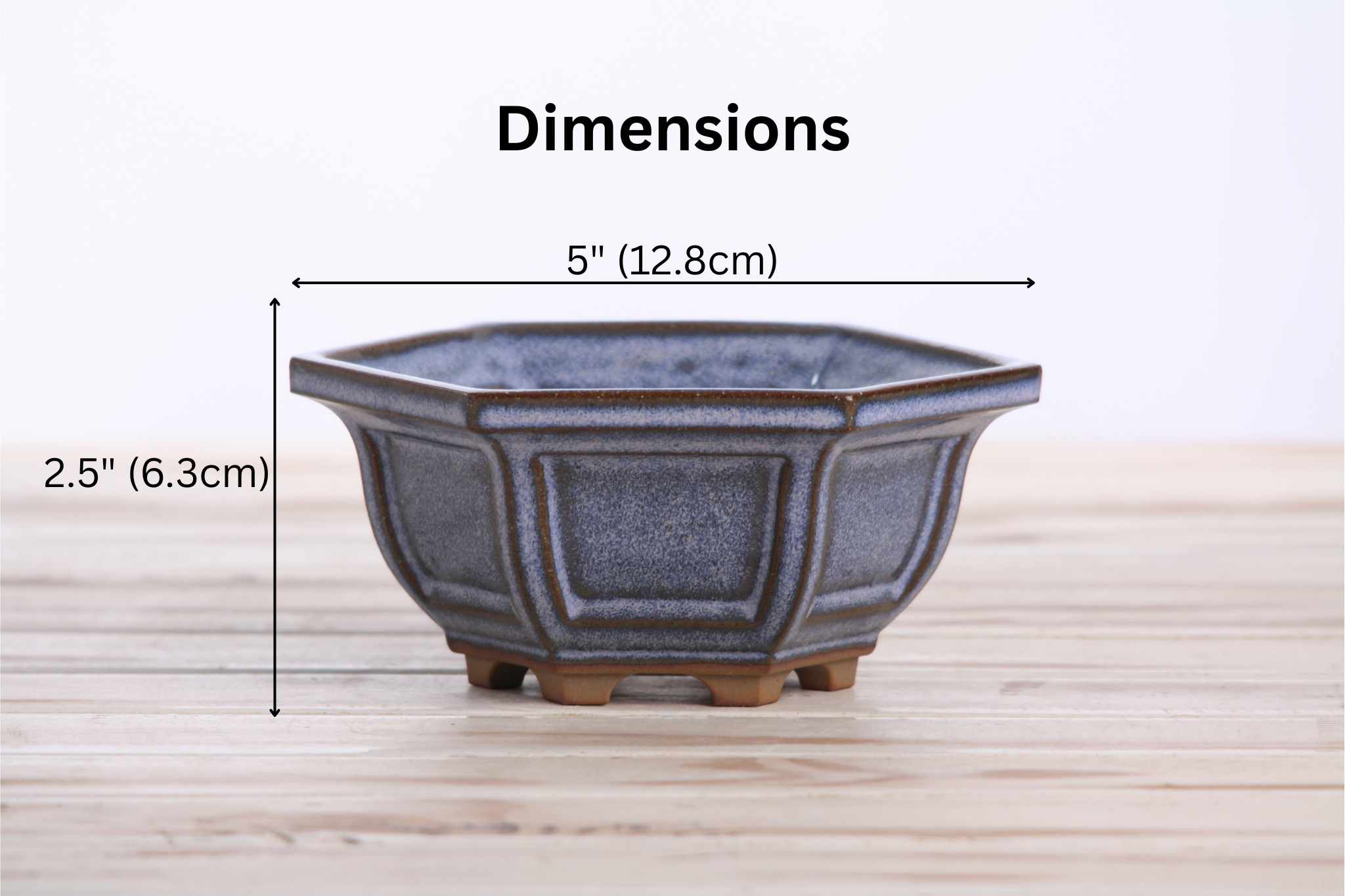 Willow Bonsai Ceramics Hexagonal Windowed Bonsai Pot 5 Inch – Semi‑Cascade Planter, High‑Fired Frost‑Proof Stoneware with Drainage & Wiring Holes, Handmade in USA (Denim)