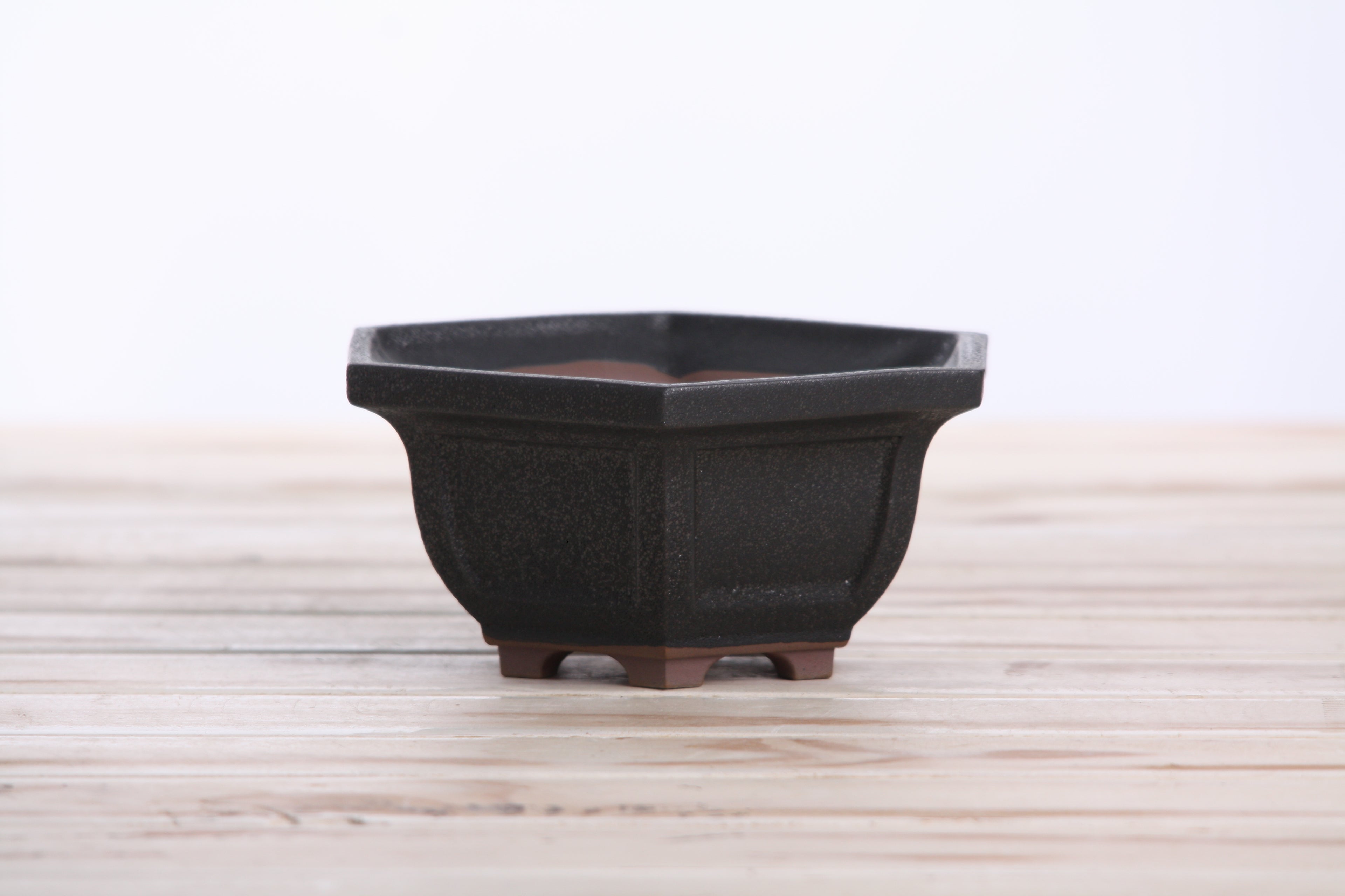 Willow Bonsai Ceramics Hexagonal Windowed Bonsai Pot 5 Inch – Semi‑Cascade Planter, High‑Fired Frost‑Proof Stoneware with Drainage & Wiring Holes, Handmade in USA (Matt Black)