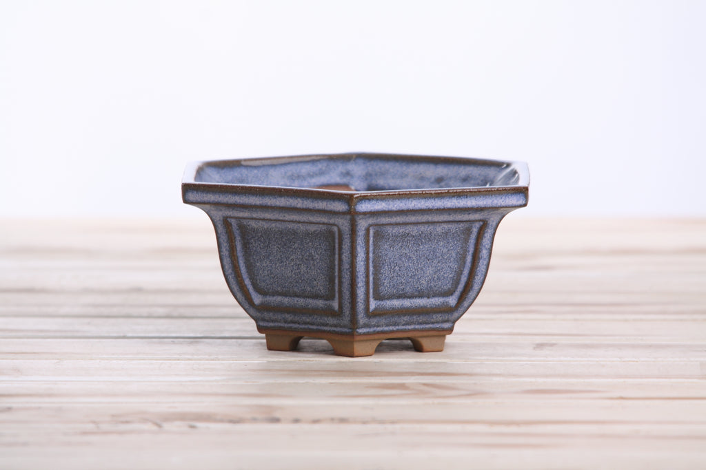 Willow Bonsai Ceramics Hexagonal Windowed Bonsai Pot 5 Inch – Semi‑Cascade Planter, High‑Fired Frost‑Proof Stoneware with Drainage & Wiring Holes, Handmade in USA (Denim)