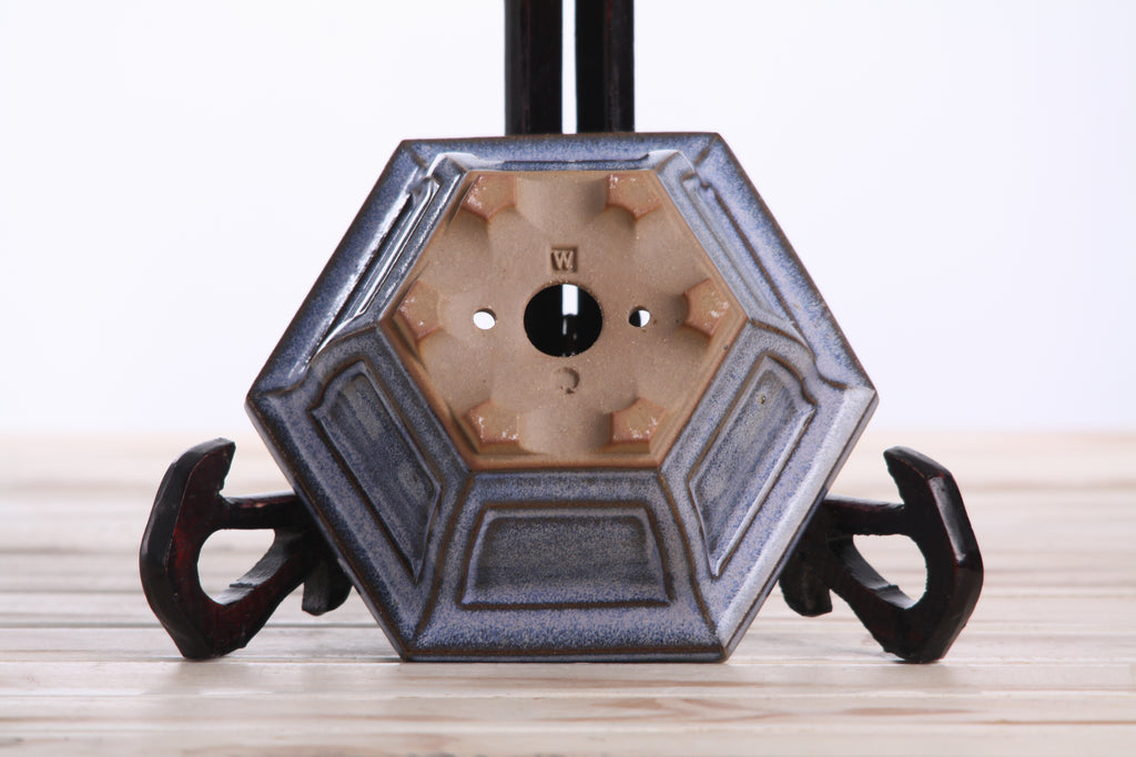 Willow Bonsai Ceramics Hexagonal Windowed Bonsai Pot 5 Inch – Semi‑Cascade Planter, High‑Fired Frost‑Proof Stoneware with Drainage & Wiring Holes, Handmade in USA (Denim)
