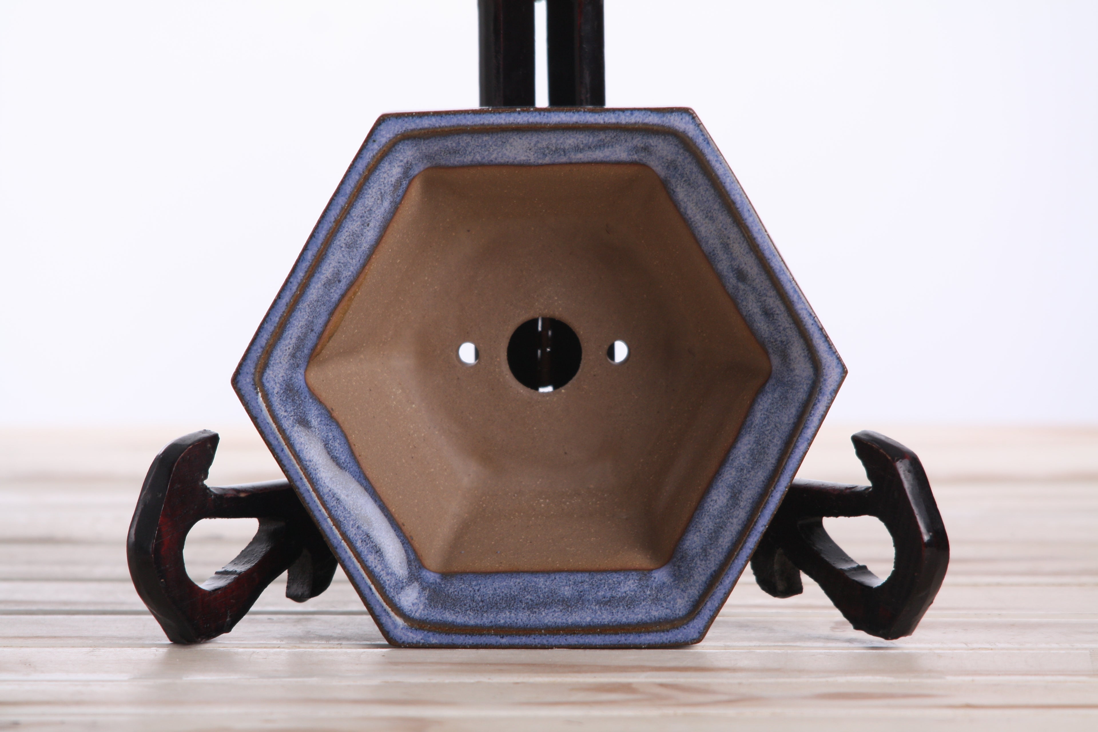 Willow Bonsai Ceramics Hexagonal Windowed Bonsai Pot 5 Inch – Semi‑Cascade Planter, High‑Fired Frost‑Proof Stoneware with Drainage & Wiring Holes, Handmade in USA (Denim)