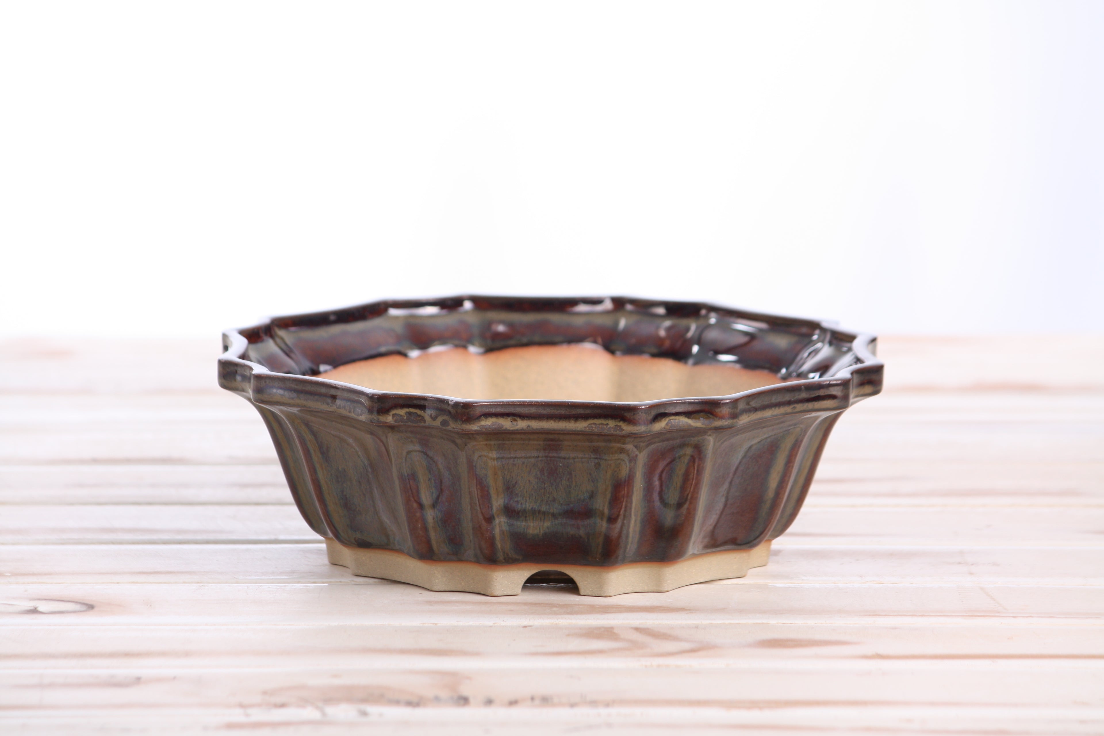 Willow Bonsai Ceramics Flower Design Bonsai Pot 8 Inch – Elegant Ceramic Bonsai & Succulent Planter, High‑Fired Frost‑Proof Stoneware with Drainage & Wiring Holes, Handmade in USA (Dark Honey)