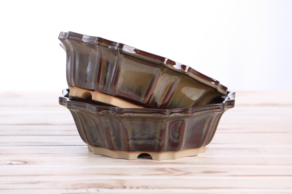 Willow Bonsai Ceramics Flower Design Bonsai Pot 8 Inch – Elegant Ceramic Bonsai & Succulent Planter, High‑Fired Frost‑Proof Stoneware with Drainage & Wiring Holes, Handmade in USA (Dark Honey)