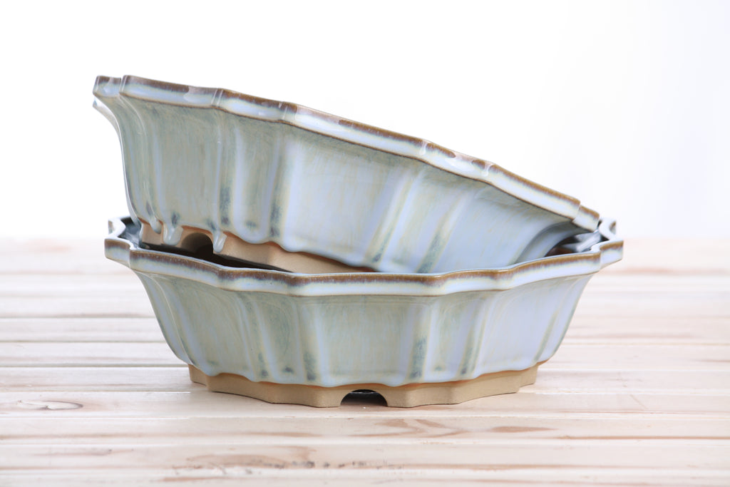 Willow Bonsai Ceramics Flower Design Bonsai Pot 10 Inch – Elegant Ceramic Bonsai & Succulent Planter, High‑Fired Frost‑Proof Stoneware with Drainage & Wiring Holes, Handmade in USA (Glacier)