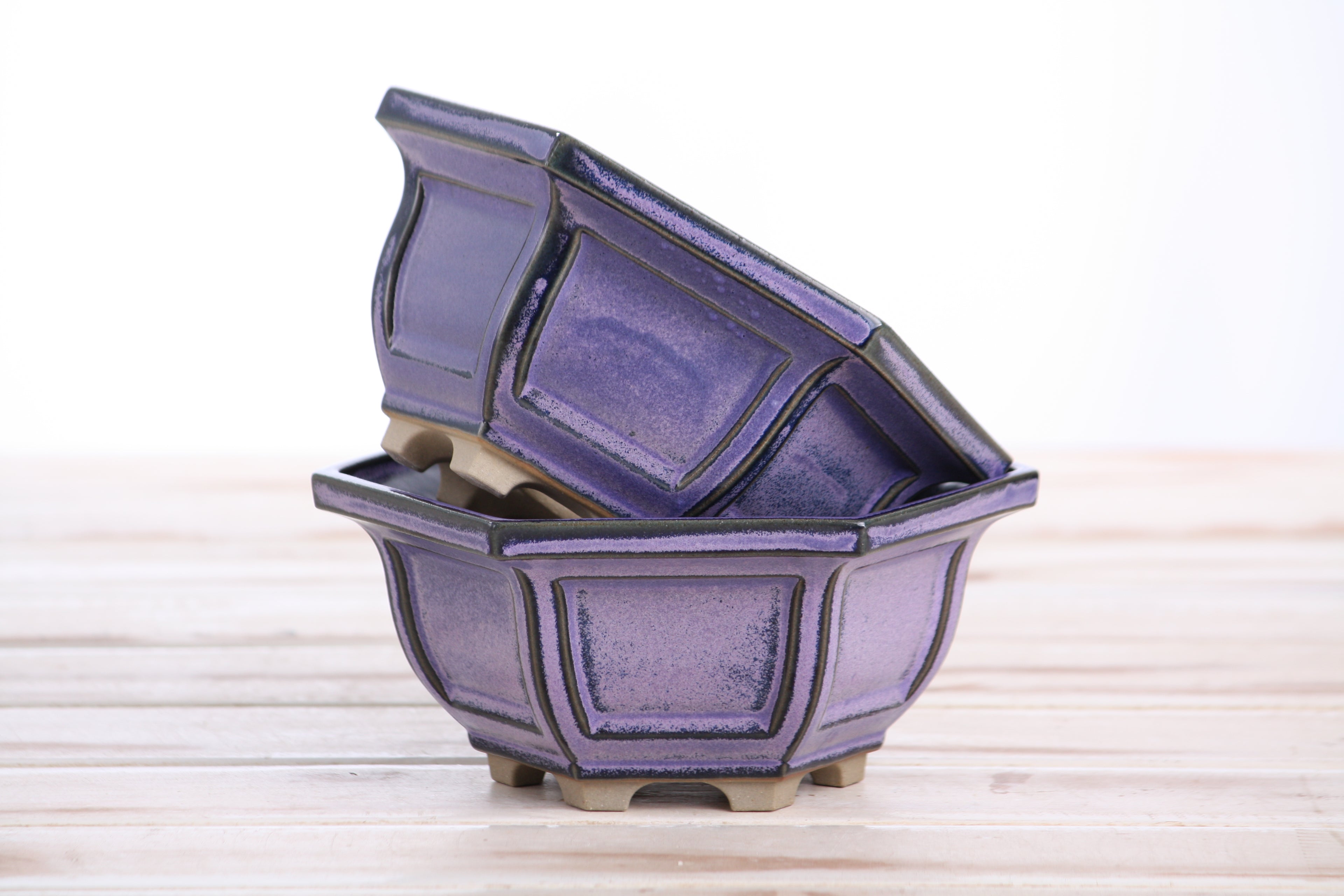 Willow Bonsai Ceramics Hexagonal Windowed Bonsai Pot 5 Inch – Semi‑Cascade Planter, High‑Fired Frost‑Proof Stoneware with Drainage & Wiring Holes, Handmade in USA (Purple)