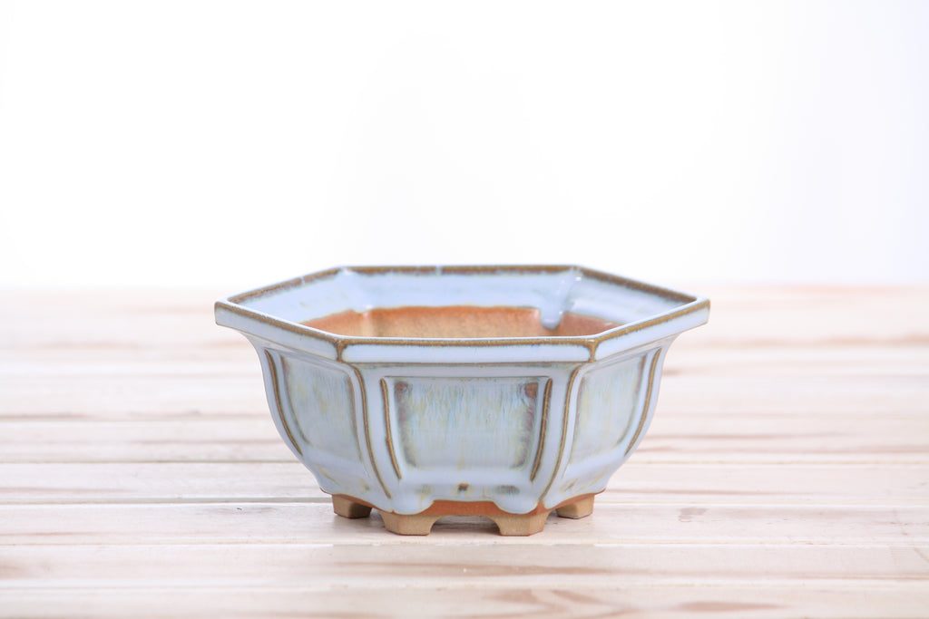 Willow Bonsai Ceramics Hexagonal Windowed Bonsai Pot 5 Inch – Semi‑Cascade Planter, High‑Fired Frost‑Proof Stoneware with Drainage & Wiring Holes, Handmade in USA (Glacier)