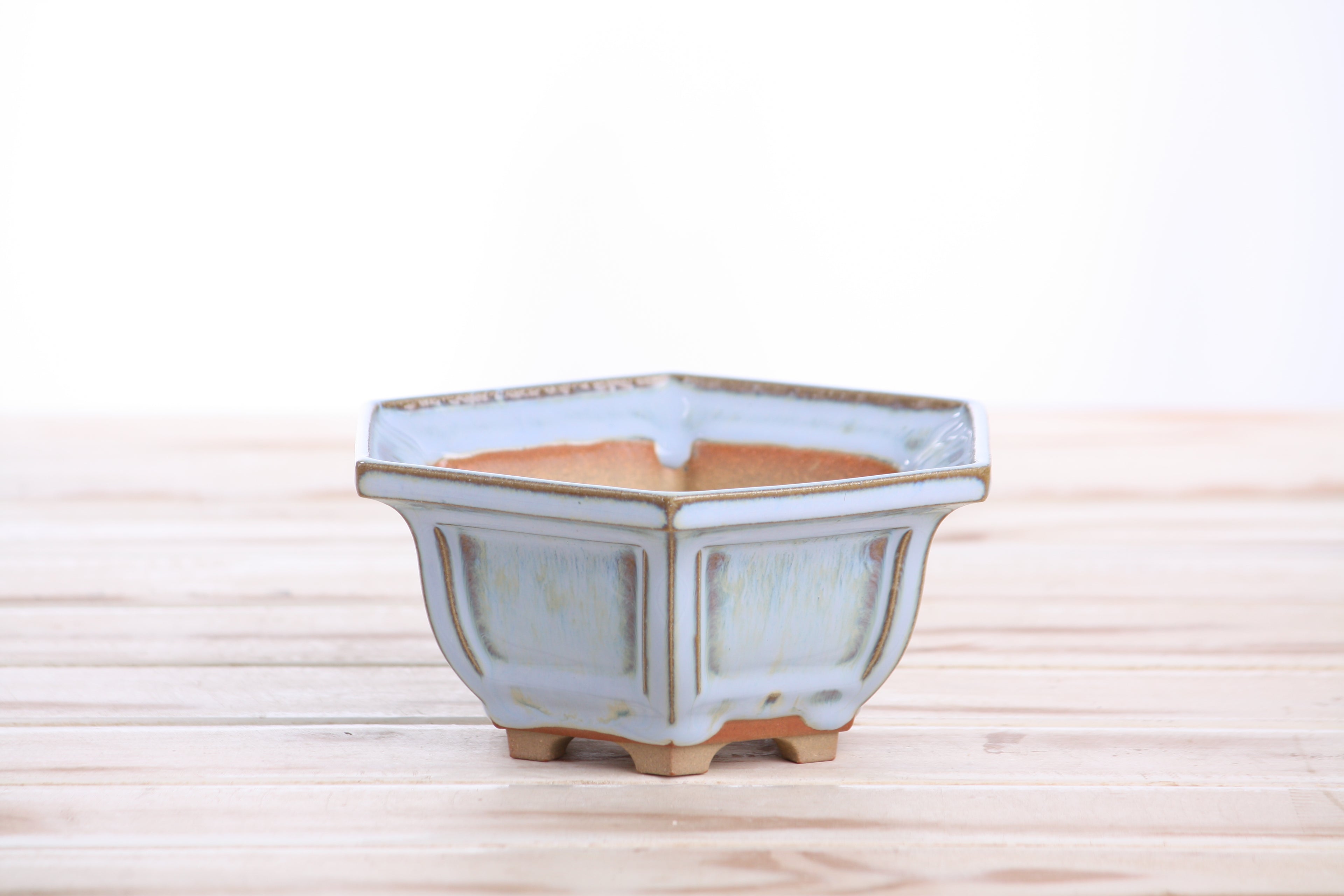 Willow Bonsai Ceramics Hexagonal Windowed Bonsai Pot 5 Inch – Semi‑Cascade Planter, High‑Fired Frost‑Proof Stoneware with Drainage & Wiring Holes, Handmade in USA (Glacier)