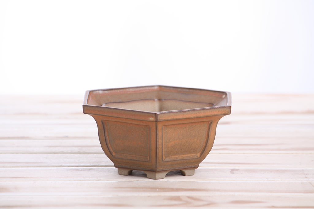 Willow Bonsai Ceramics Hexagonal Windowed Bonsai Pot 5 Inch – Semi‑Cascade Planter, High‑Fired Frost‑Proof Stoneware with Drainage & Wiring Holes, Handmade in USA (Deep Stone)