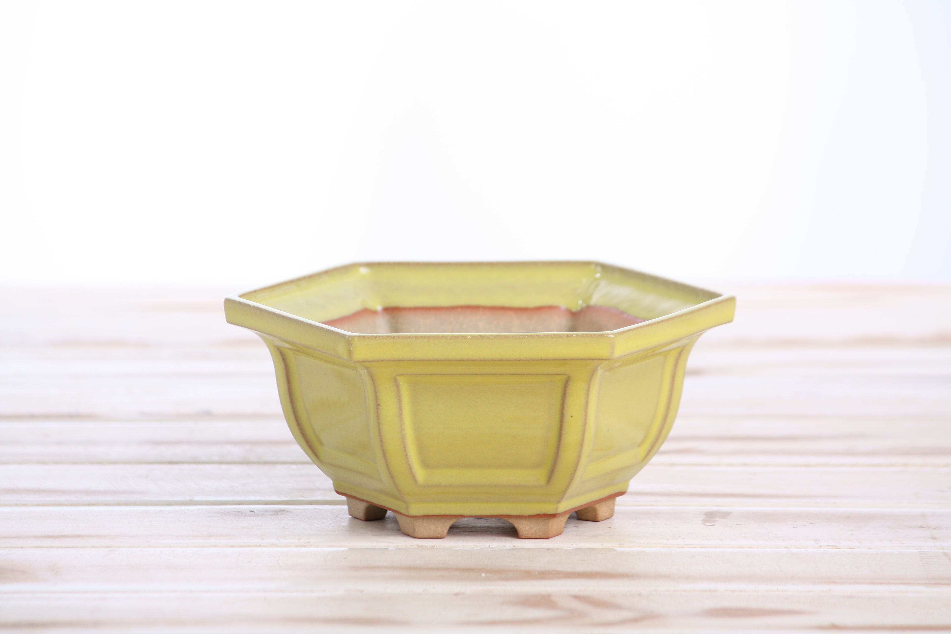 Willow Bonsai Ceramics Hexagonal Windowed Bonsai Pot 5 Inch – Semi‑Cascade Planter, High‑Fired Frost‑Proof Stoneware with Drainage & Wiring Holes, Handmade in USA (Yellow)