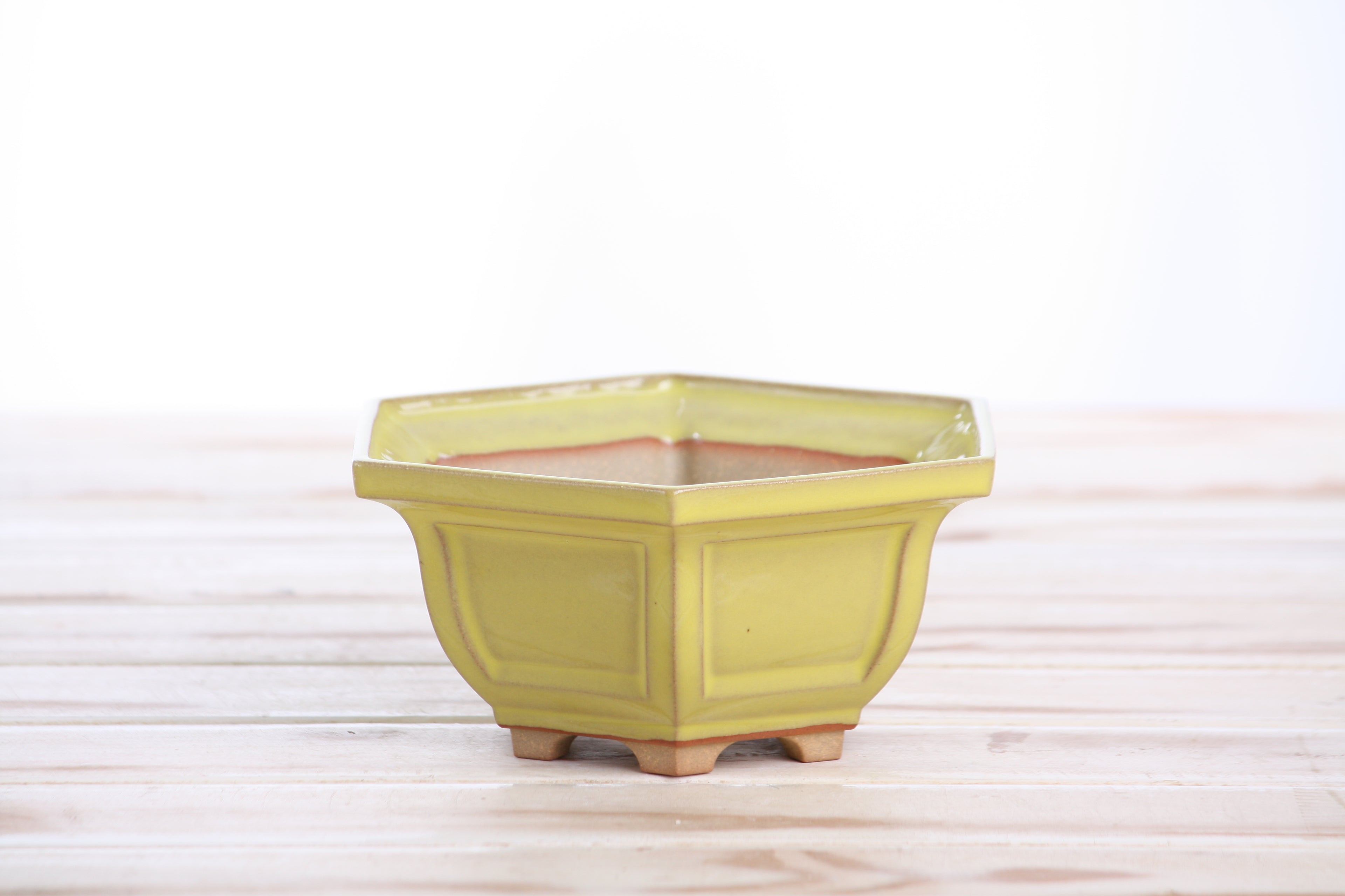 Willow Bonsai Ceramics Hexagonal Windowed Bonsai Pot 5 Inch – Semi‑Cascade Planter, High‑Fired Frost‑Proof Stoneware with Drainage & Wiring Holes, Handmade in USA (Yellow)