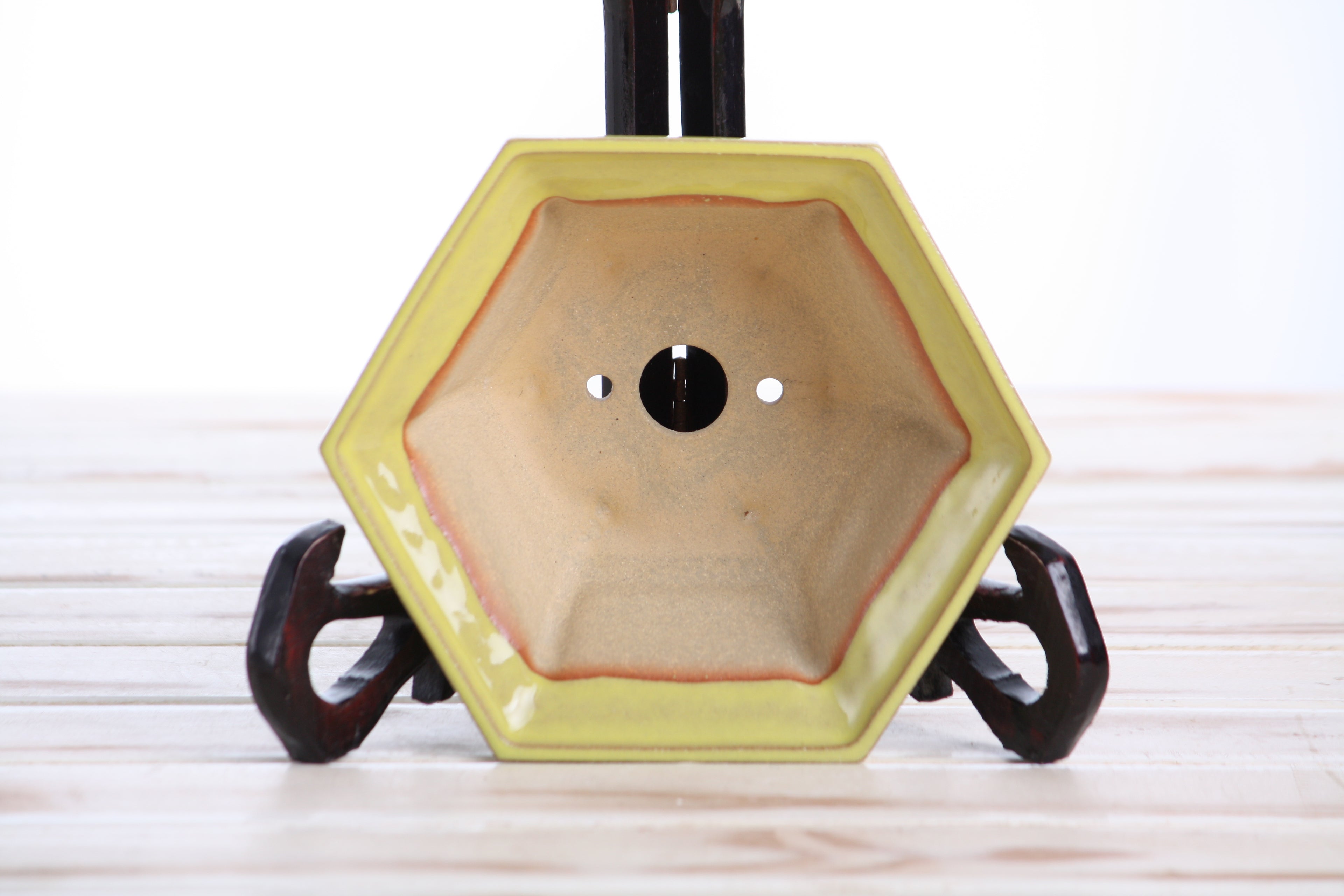 Willow Bonsai Ceramics Hexagonal Windowed Bonsai Pot 5 Inch – Semi‑Cascade Planter, High‑Fired Frost‑Proof Stoneware with Drainage & Wiring Holes, Handmade in USA (Yellow)