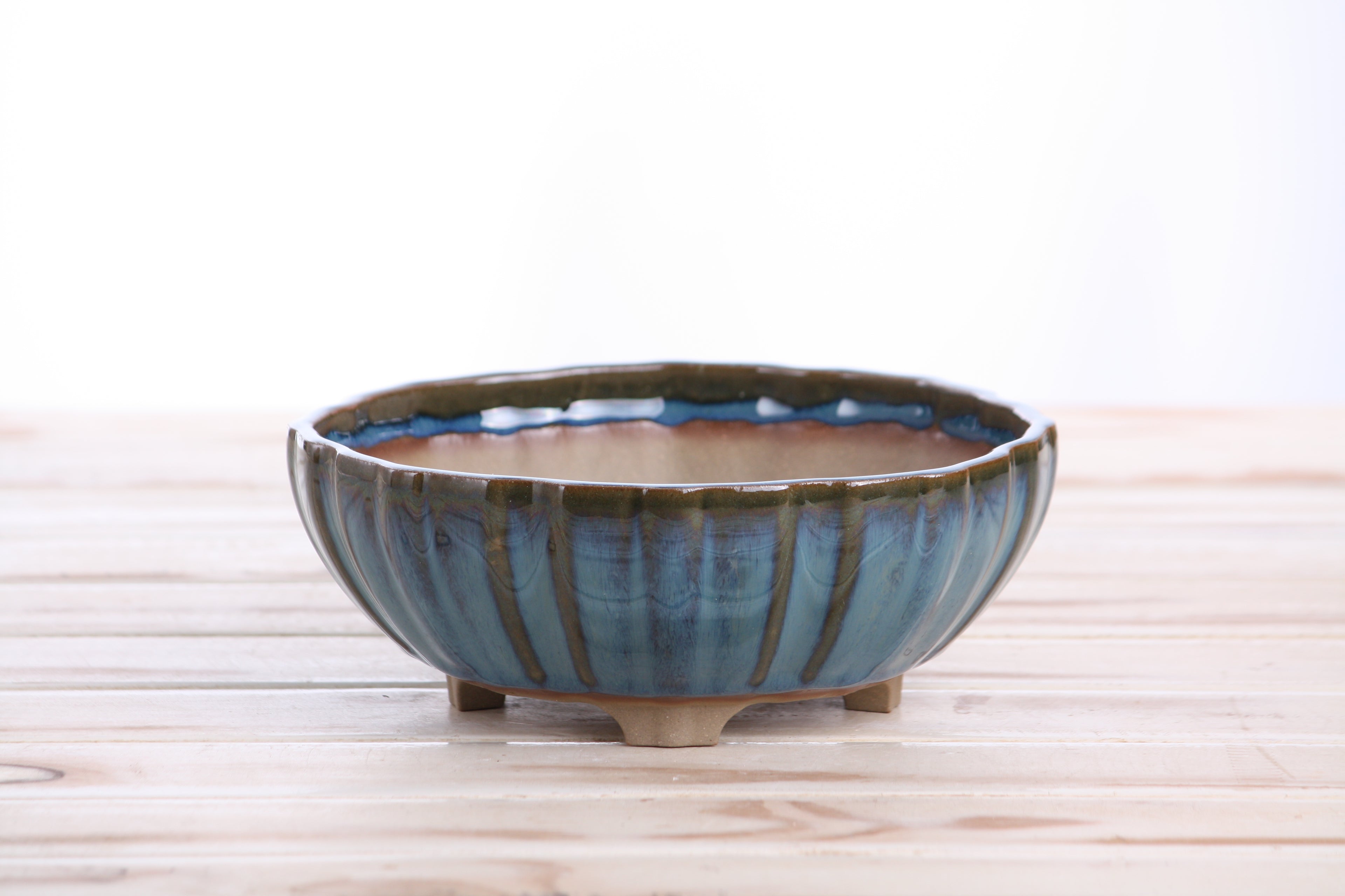 Willow Bonsai Ceramics Lily Bonsai Pot 7 Inch – Sculpted Rounded Ceramic Bonsai & Succulent Planter with Wavy Profile, High‑Fired Frost‑Proof Stoneware, Handmade in USA (Peacock)