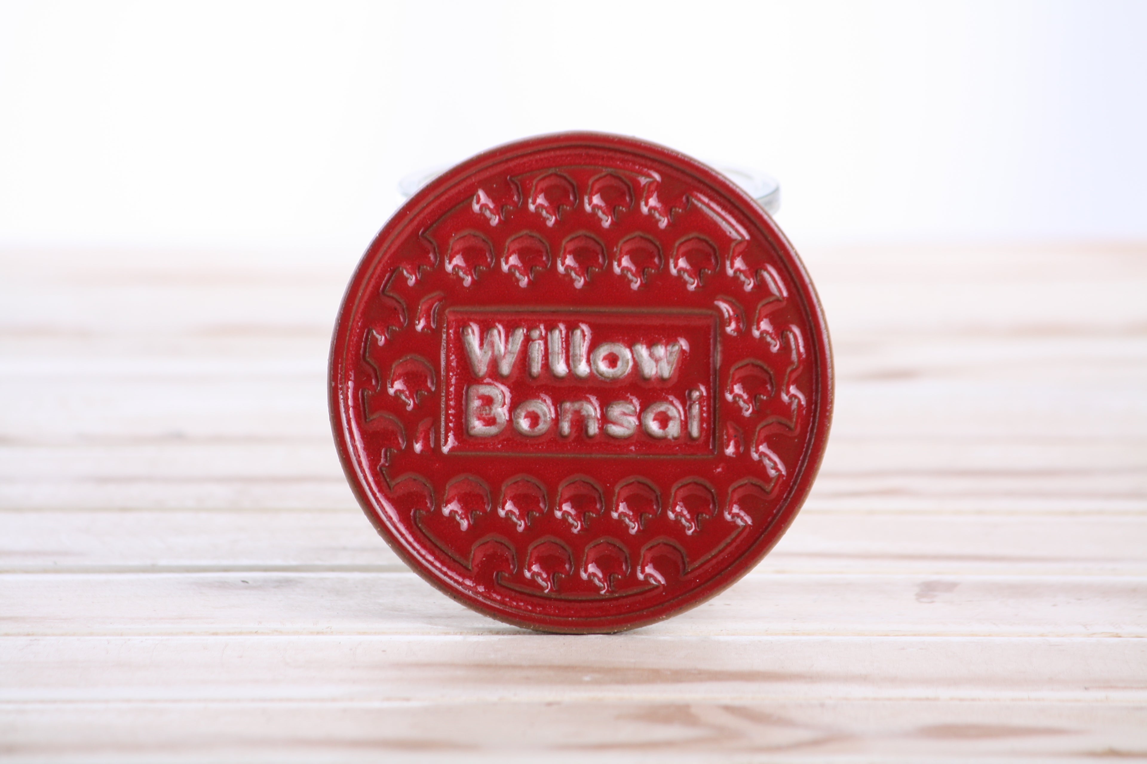 Willow Bonsai Ceramic Coaster – 4 Inch Handmade Stoneware Drink Coaster with Indented Moat Design, Willow Logo Detail, Cork Backing Pads, Made in Colorado, USA (Red)