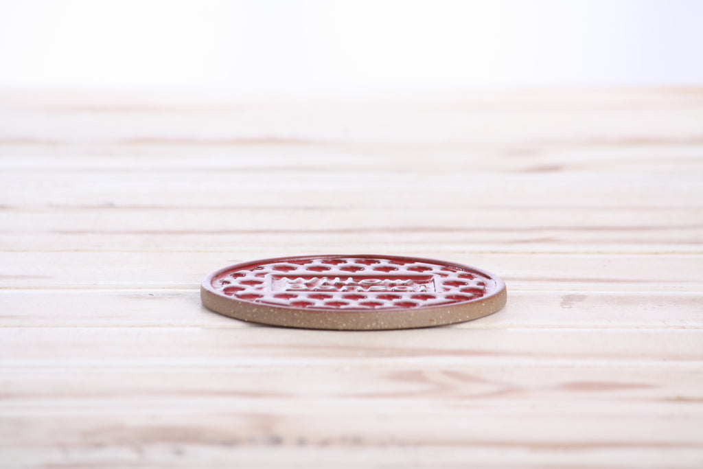 Willow Bonsai Ceramic Coaster – 4 Inch Handmade Stoneware Drink Coaster with Indented Moat Design, Willow Logo Detail, Cork Backing Pads, Made in Colorado, USA (Red)