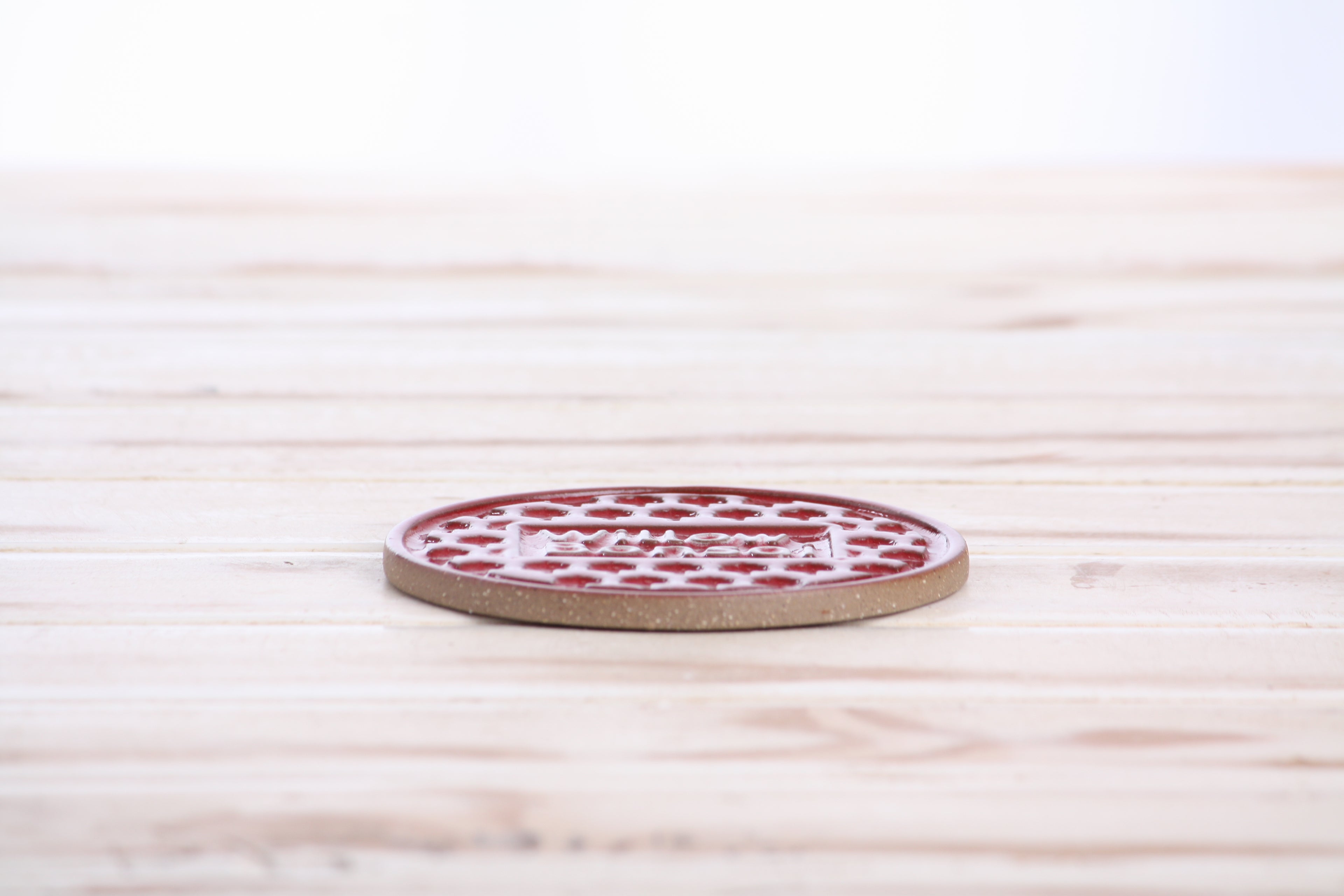 Willow Bonsai Ceramic Coaster – 4 Inch Handmade Stoneware Drink Coaster with Indented Moat Design, Willow Logo Detail, Cork Backing Pads, Made in Colorado, USA (Red)
