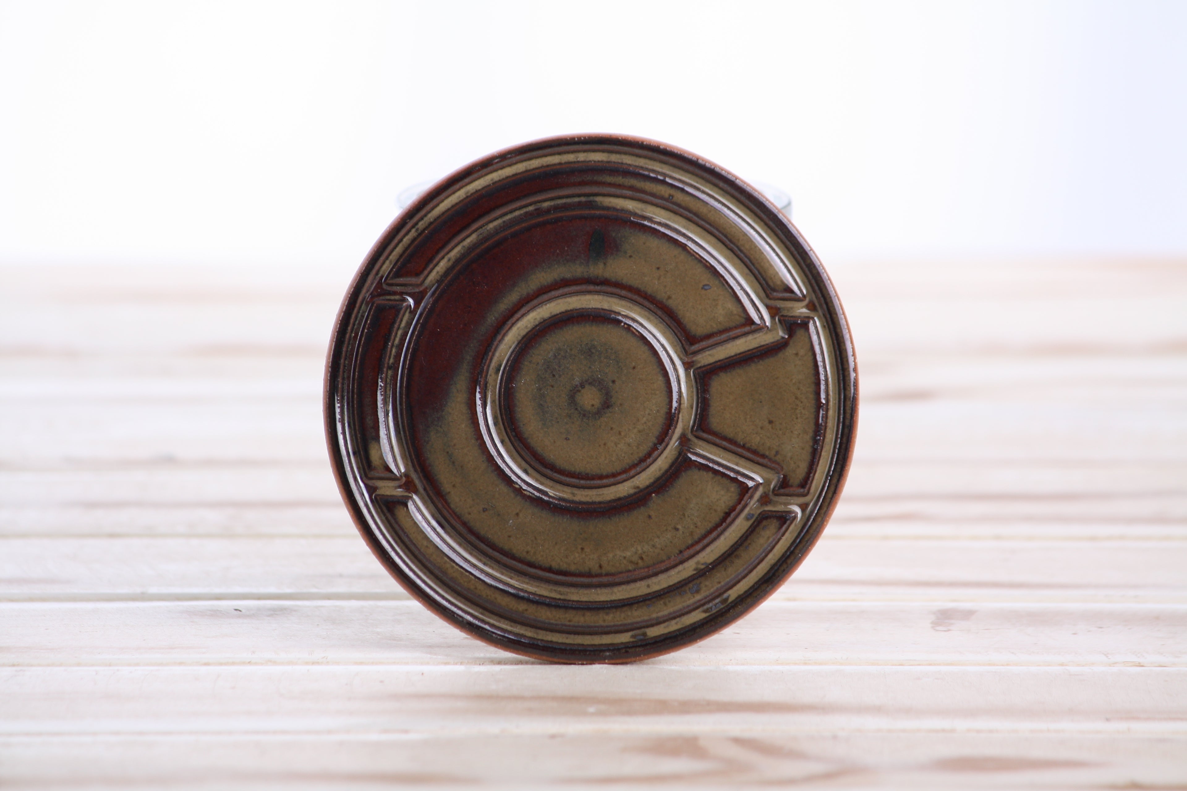 Willow Bonsai Ceramics Colorado Ceramic Coaster – 4 Inch Handmade Stoneware Drink Coaster with Indented Moat Design, Reactive Glazes, Cork Backing Pads, Made in Colorado, USA (Dark Honey)