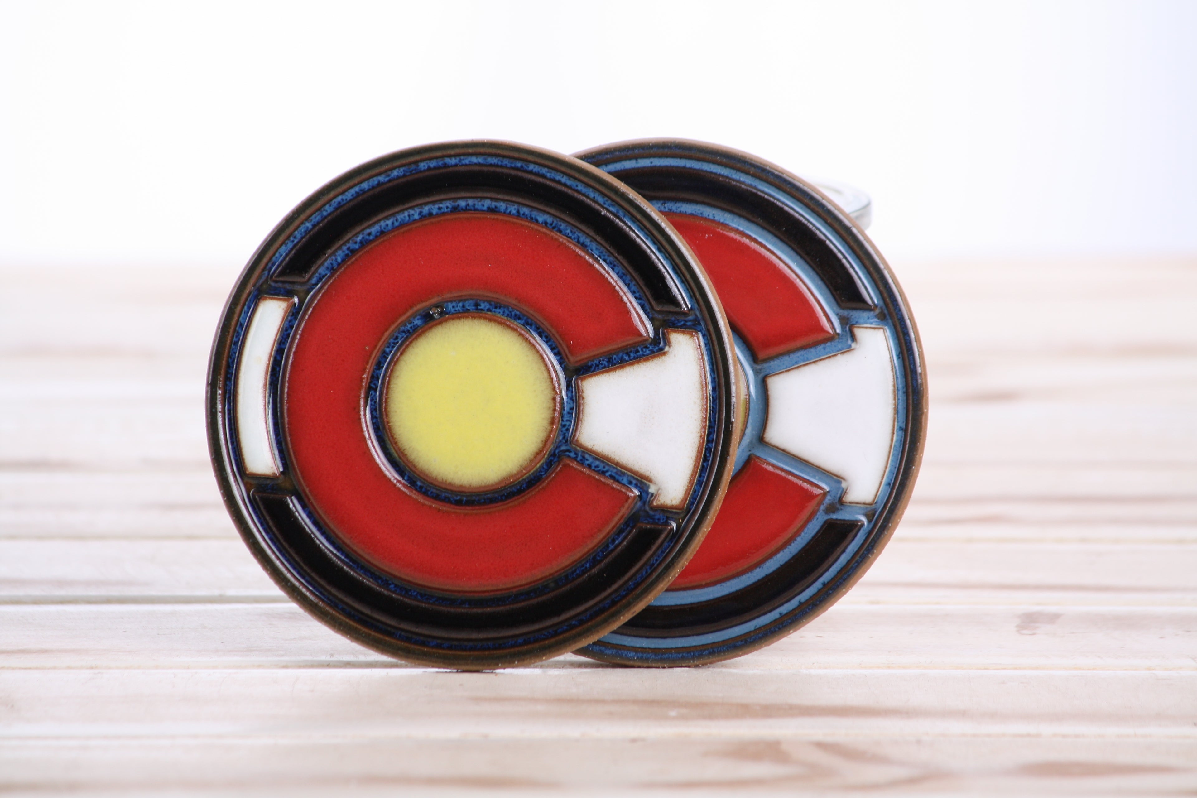 Willow Bonsai Ceramics Colorado Flag Ceramic Coaster – 4 Inch Handmade Stoneware Drink Coaster with Moat Design, Cork Backing Pads, Made in Colorado, USA (Hand Painted Colorado Flag)