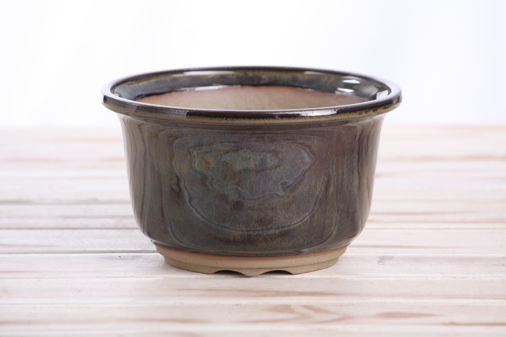 Willow Bonsai Ceramics Flute Bonsai Pot 6 Inch – Round Semi‑Cascade Ceramic Bonsai & Succulent Planter with Fluted Profile and Banded Base, High‑Fired Frost‑Proof Stoneware, Handmade in USA (Dark Honey)