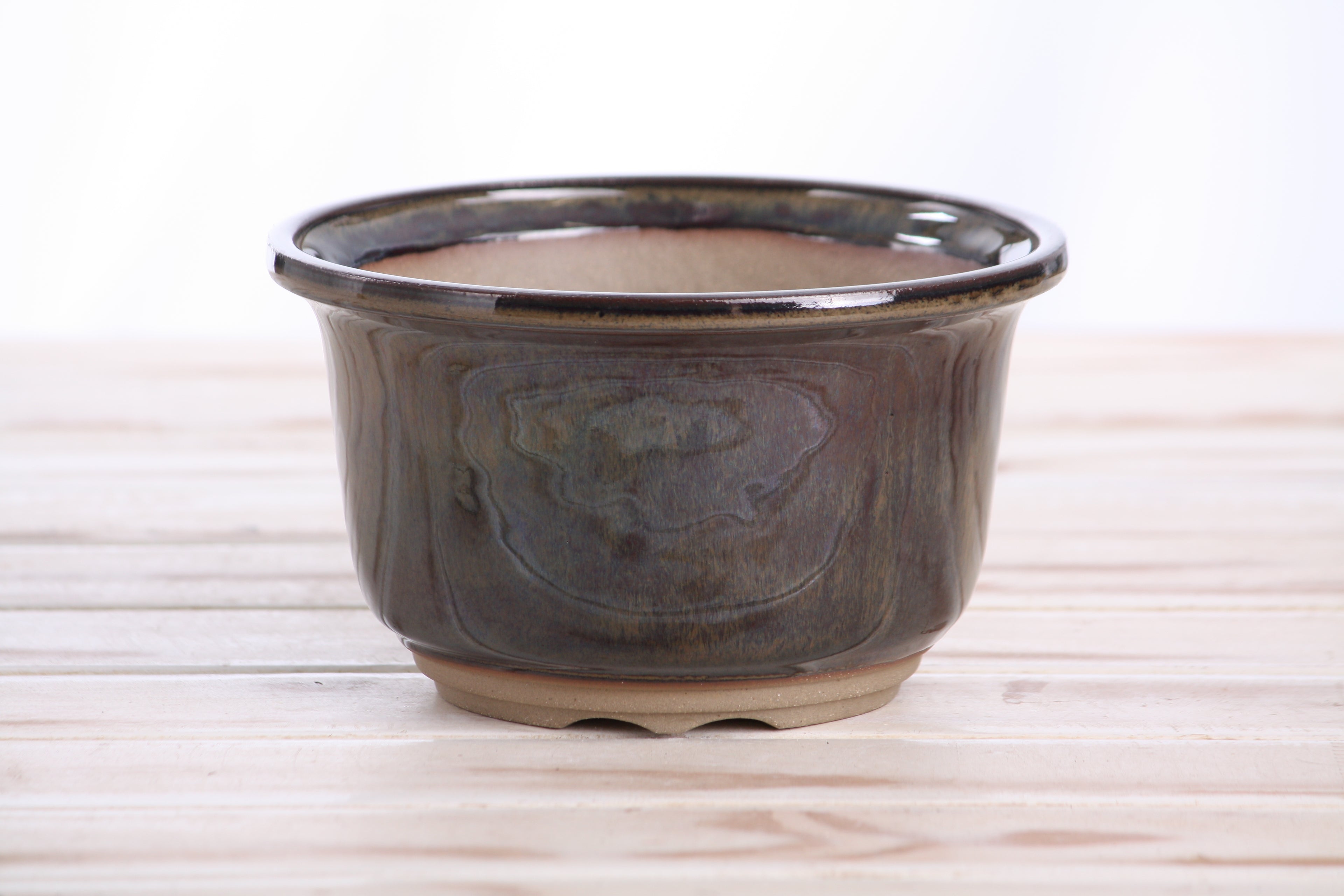 Willow Bonsai Ceramics Flute Bonsai Pot 6 Inch – Round Semi‑Cascade Ceramic Bonsai & Succulent Planter with Fluted Profile and Banded Base, High‑Fired Frost‑Proof Stoneware, Handmade in USA (Dark Honey)