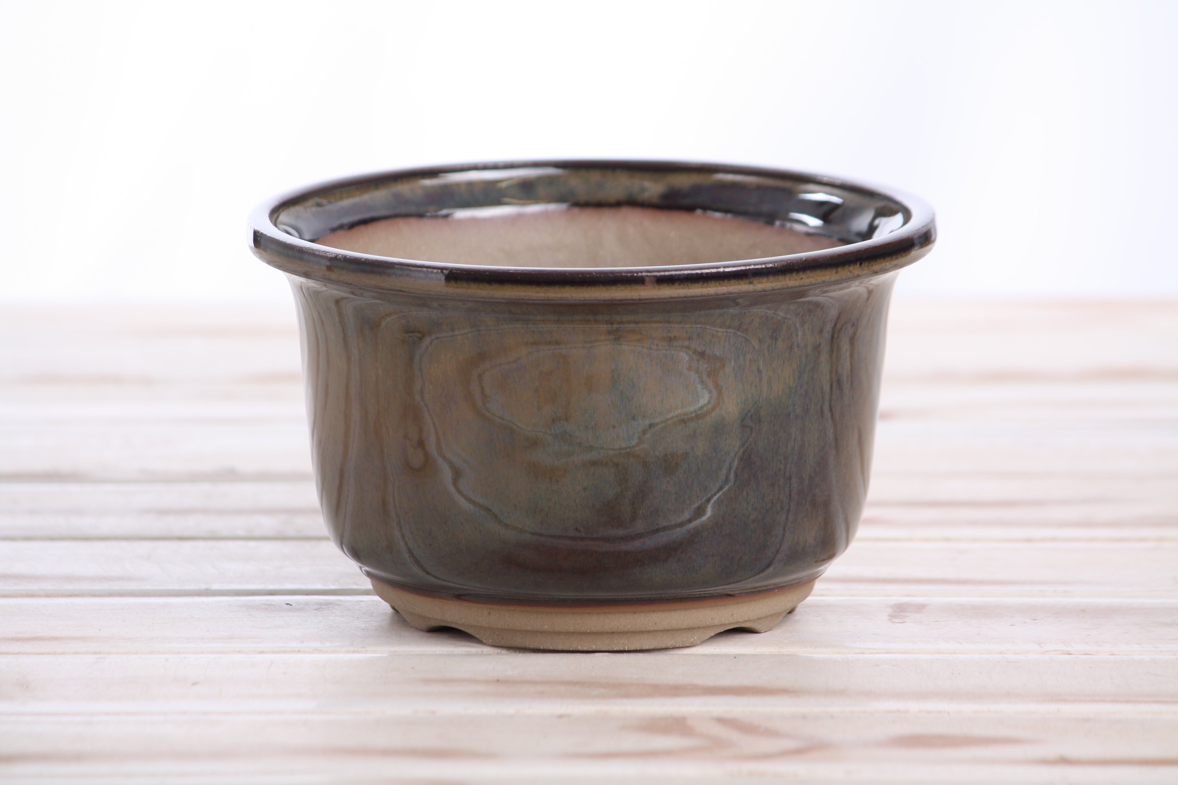 Willow Bonsai Ceramics Flute Bonsai Pot 6 Inch – Round Semi‑Cascade Ceramic Bonsai & Succulent Planter with Fluted Profile and Banded Base, High‑Fired Frost‑Proof Stoneware, Handmade in USA (Dark Honey)