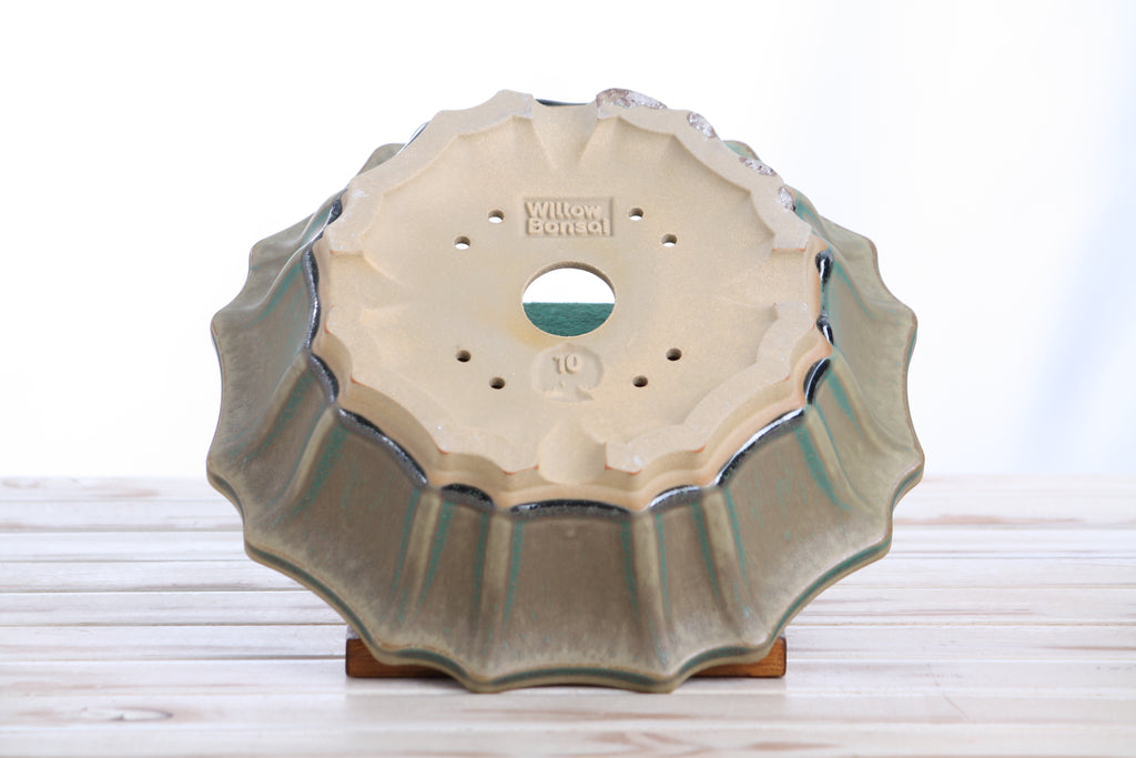Willow Bonsai Ceramics Flower Design Bonsai Pot 10 Inch – Elegant Ceramic Bonsai & Succulent Planter, High‑Fired Frost‑Proof Stoneware with Drainage & Wiring Holes, Handmade in USA (Speckled Moss)