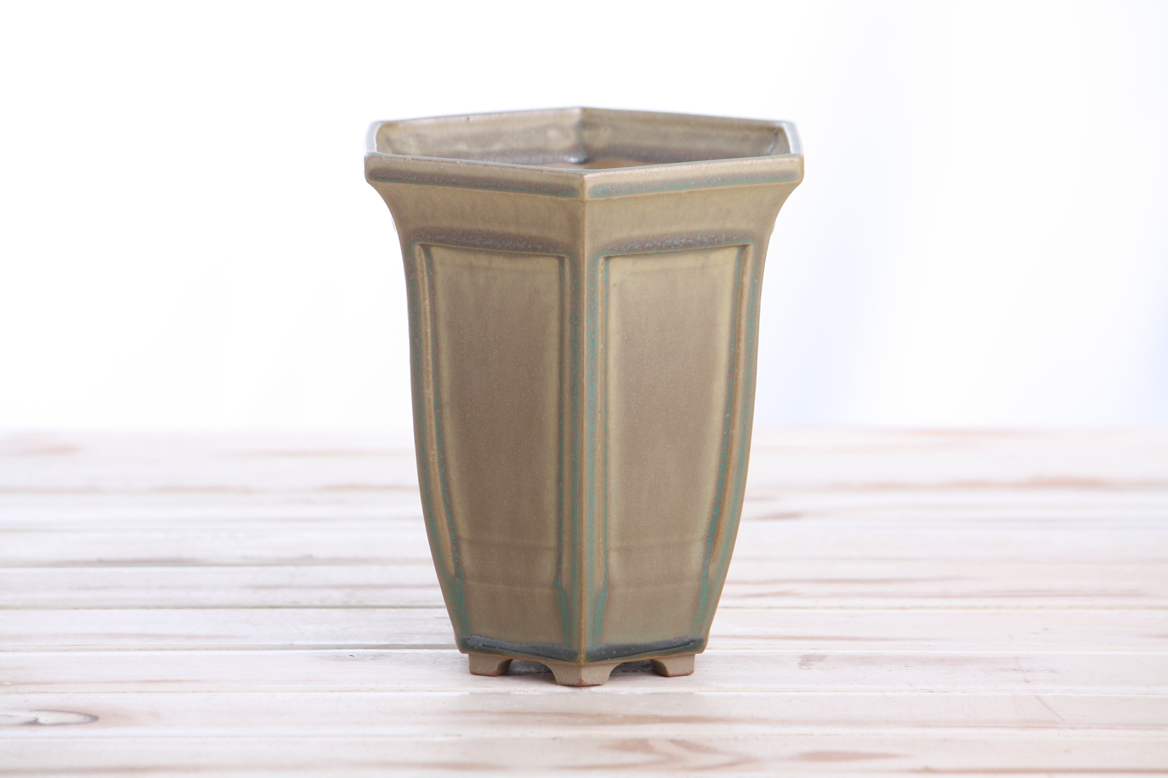 Willow Bonsai Ceramics Hexagonal Windowed Cascade Bonsai Pot 5 Inch – Tall Ceramic Cascade Planter, High‑Fired Frost‑Proof Stoneware with Drainage & Wiring Holes, Handmade in USA (Speckled Moss)