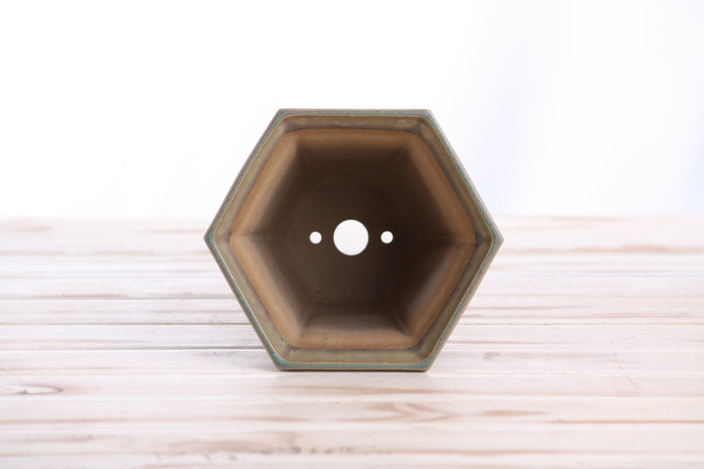 Willow Bonsai Ceramics Hexagonal Windowed Cascade Bonsai Pot 5 Inch – Tall Ceramic Cascade Planter, High‑Fired Frost‑Proof Stoneware with Drainage & Wiring Holes, Handmade in USA (Speckled Moss)