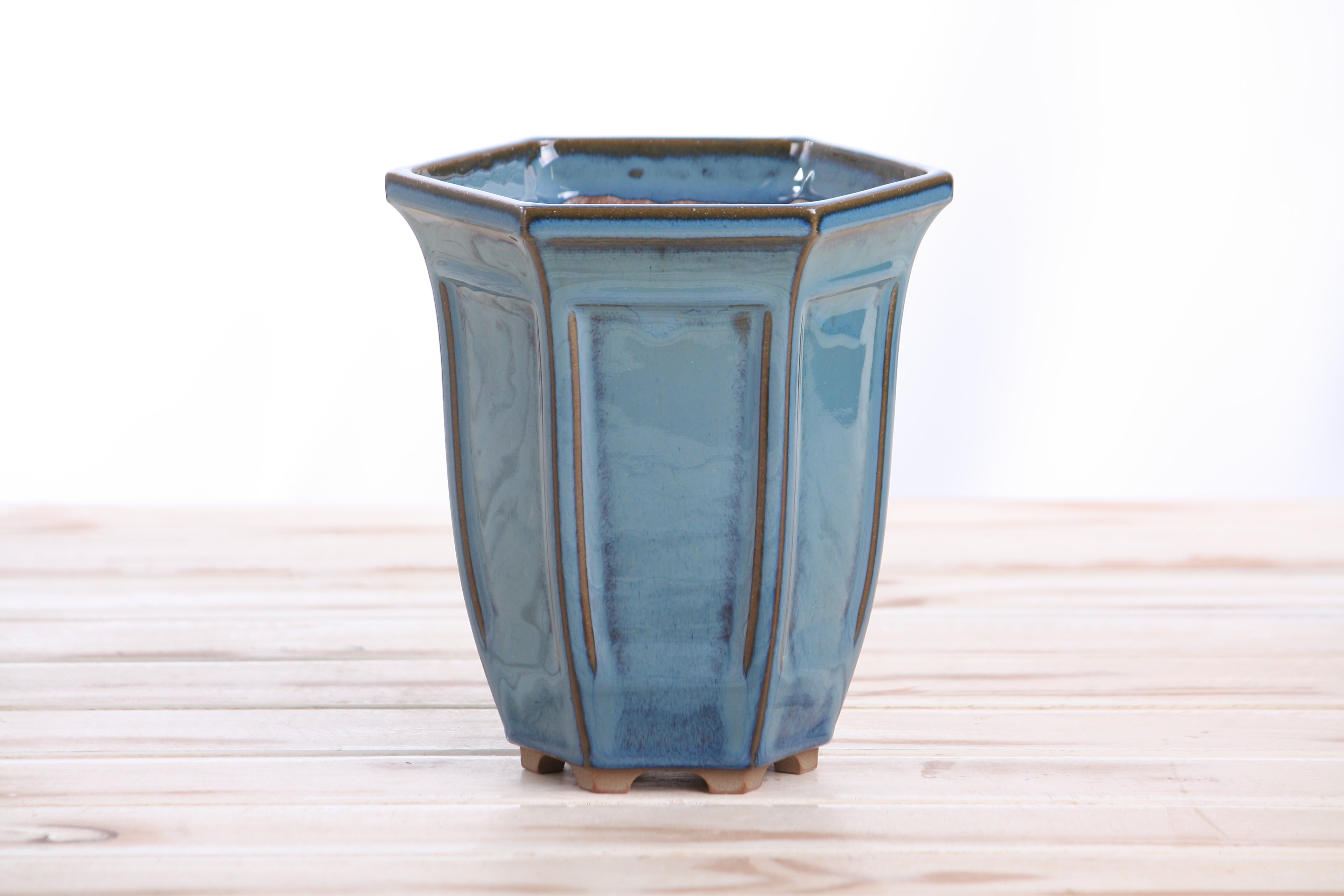 Willow Bonsai Ceramics Hexagonal Windowed Cascade Bonsai Pot 5 Inch – Tall Ceramic Cascade Planter, High‑Fired Frost‑Proof Stoneware with Drainage & Wiring Holes, Handmade in USA (Peacock)