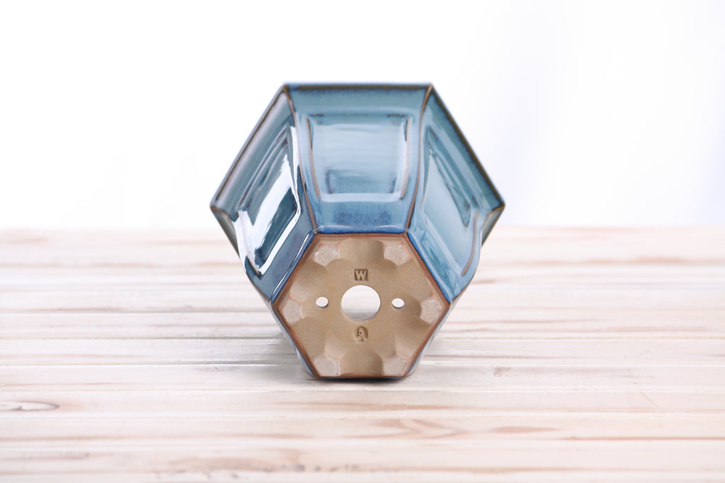 Willow Bonsai Ceramics Hexagonal Windowed Cascade Bonsai Pot 5 Inch – Tall Ceramic Cascade Planter, High‑Fired Frost‑Proof Stoneware with Drainage & Wiring Holes, Handmade in USA (Peacock)