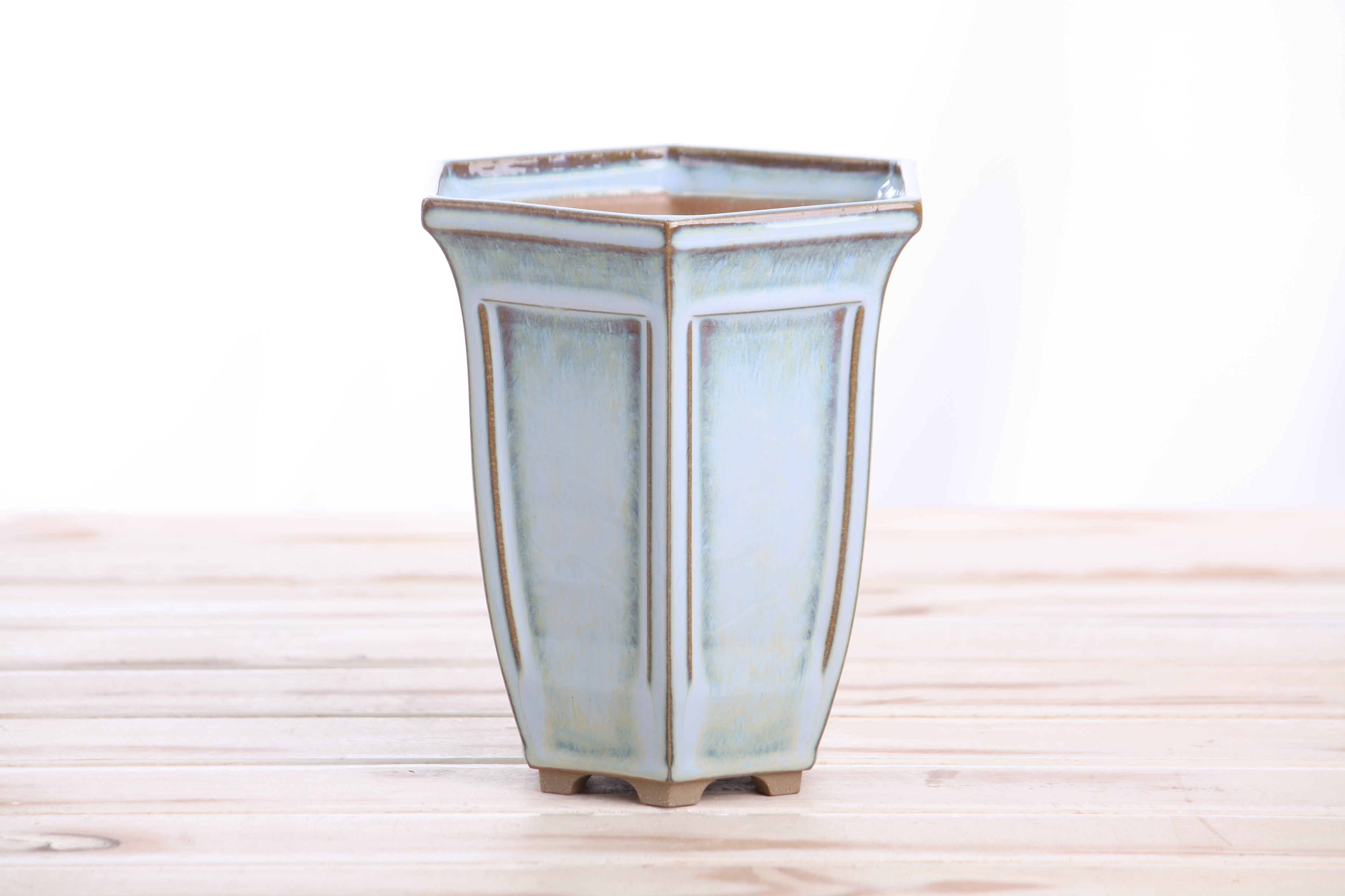 Willow Bonsai Ceramics Hexagonal Windowed Cascade Bonsai Pot 5 Inch – Tall Ceramic Cascade Planter, High‑Fired Frost‑Proof Stoneware with Drainage & Wiring Holes, Handmade in USA (Glacier)