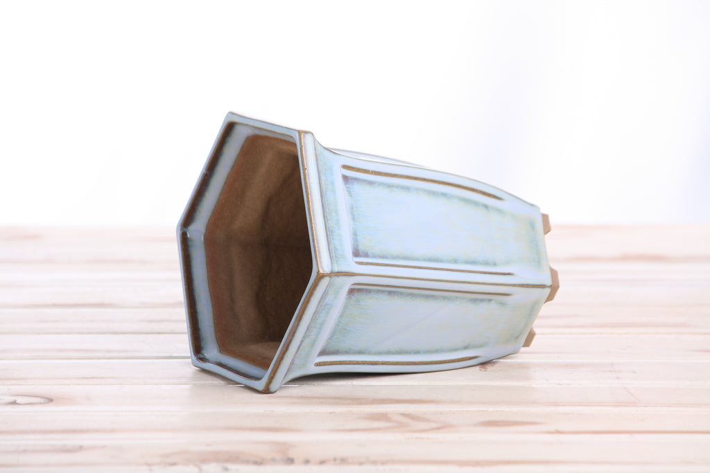 Willow Bonsai Ceramics Hexagonal Windowed Cascade Bonsai Pot 5 Inch – Tall Ceramic Cascade Planter, High‑Fired Frost‑Proof Stoneware with Drainage & Wiring Holes, Handmade in USA (Glacier)