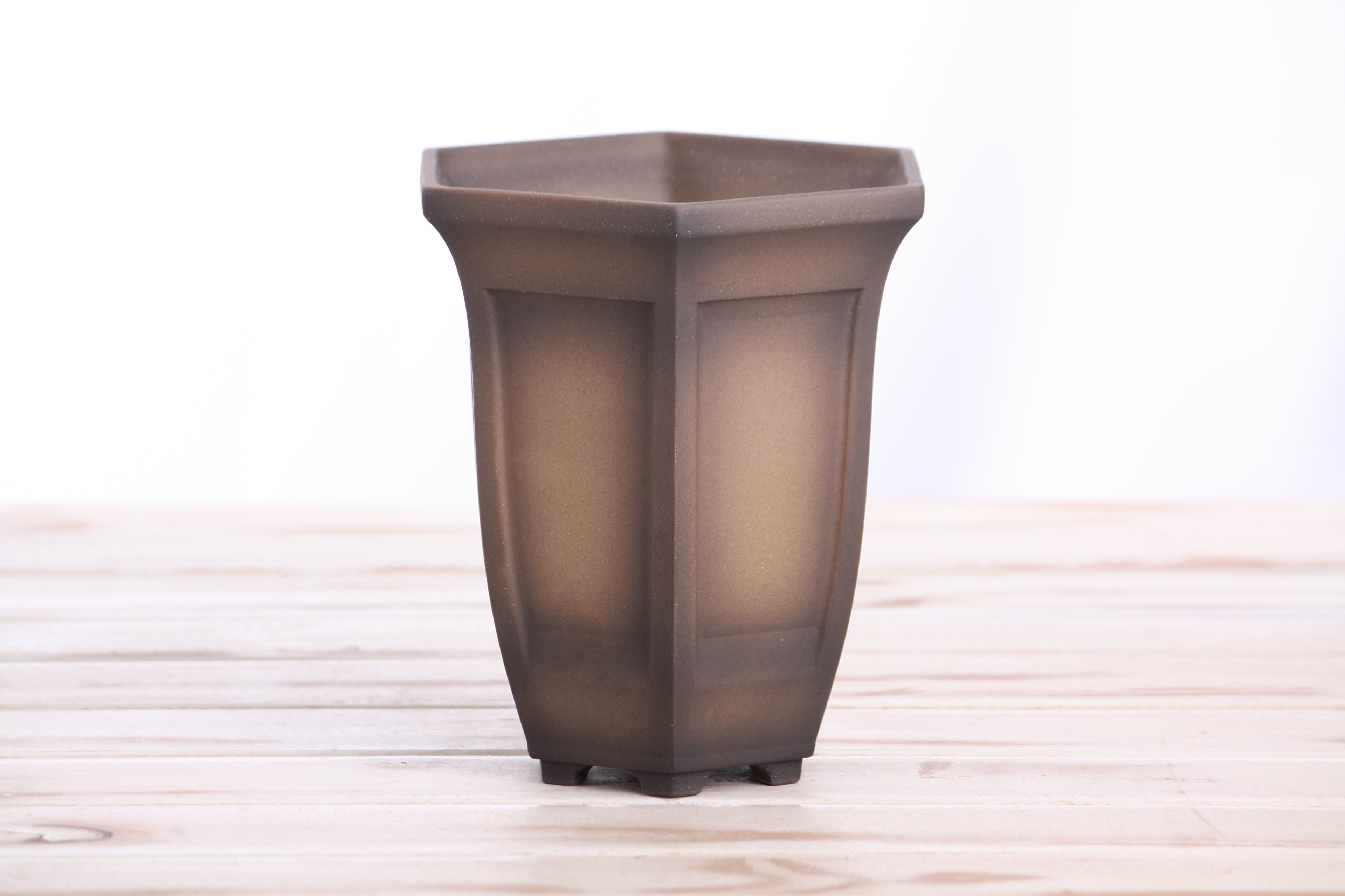 Willow Bonsai Ceramics Hexagonal Windowed Cascade Bonsai Pot 5 Inch – Tall Ceramic Cascade Planter, High‑Fired Frost‑Proof Stoneware with Drainage & Wiring Holes, Handmade in USA (Shaded Unglazed)