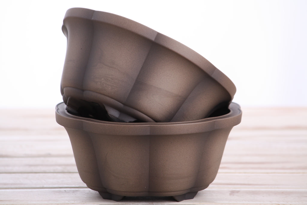 Lotus A Bonsai Pot 6 Inch – Semi‑Cascade Ceramic Planter with Scalloped Sides, High‑Fired Frost‑Proof Stoneware, Handmade in USA (Shaded Unglazed)