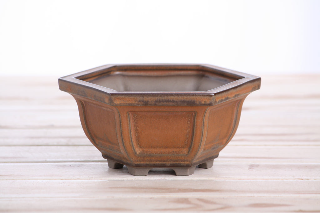 Hexagonal Windowed Semi‑Cascade Bonsai Pot 5 Inch – Ceramic Bonsai & Succulent Planter with Detailed Rim, High‑Fired Frost‑Proof Stoneware, Handmade in USA (Deep Stone)