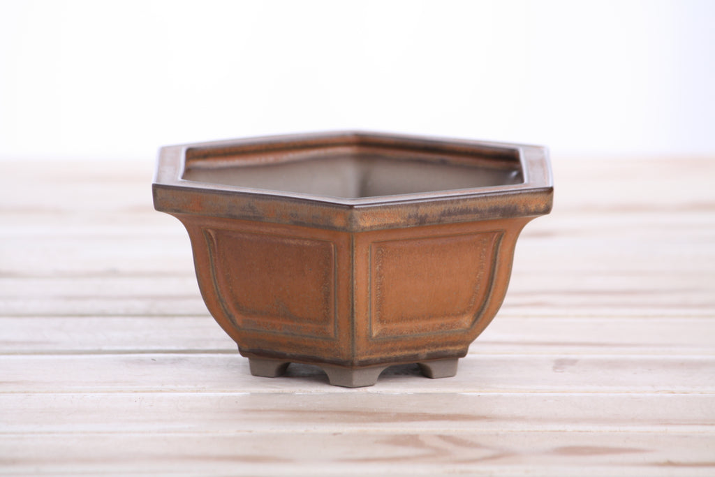 Hexagonal Windowed Semi‑Cascade Bonsai Pot 5 Inch – Ceramic Bonsai & Succulent Planter with Detailed Rim, High‑Fired Frost‑Proof Stoneware, Handmade in USA (Deep Stone)