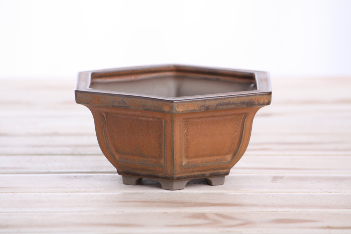 Hexagonal Windowed Semi‑Cascade Bonsai Pot 5 Inch – Ceramic Bonsai & Succulent Planter with Detailed Rim, High‑Fired Frost‑Proof Stoneware, Handmade in USA (Deep Stone)