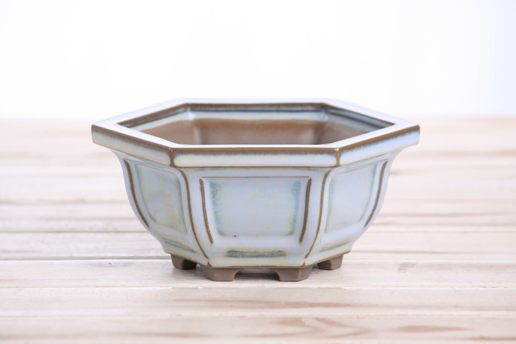 Hexagonal Windowed Semi‑Cascade Bonsai Pot 5 Inch – Ceramic Bonsai & Succulent Planter with Detailed Rim, High‑Fired Frost‑Proof Stoneware, Handmade in USA (Glacier)