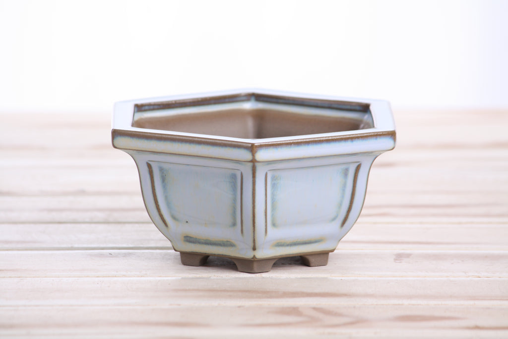 Hexagonal Windowed Semi‑Cascade Bonsai Pot 5 Inch – Ceramic Bonsai & Succulent Planter with Detailed Rim, High‑Fired Frost‑Proof Stoneware, Handmade in USA (Glacier)