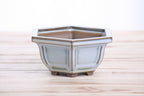 Hexagonal Windowed Semi‑Cascade Bonsai Pot 5 Inch – Ceramic Bonsai & Succulent Planter with Detailed Rim, High‑Fired Frost‑Proof Stoneware, Handmade in USA (Glacier)